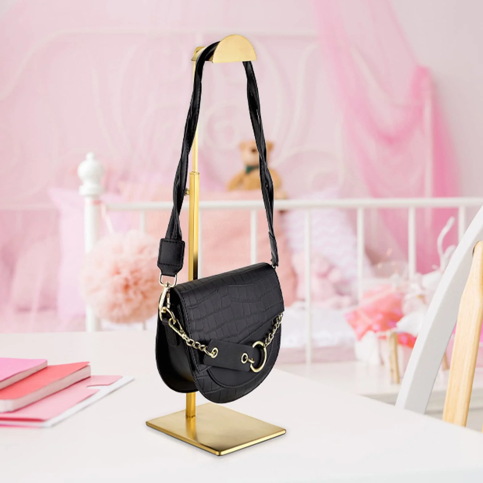 2pcs Présentoir de sac à main en métal réglable hauteur 34-59CM support de sac présentoir de collier pour magasin, maison (type 1, doré)