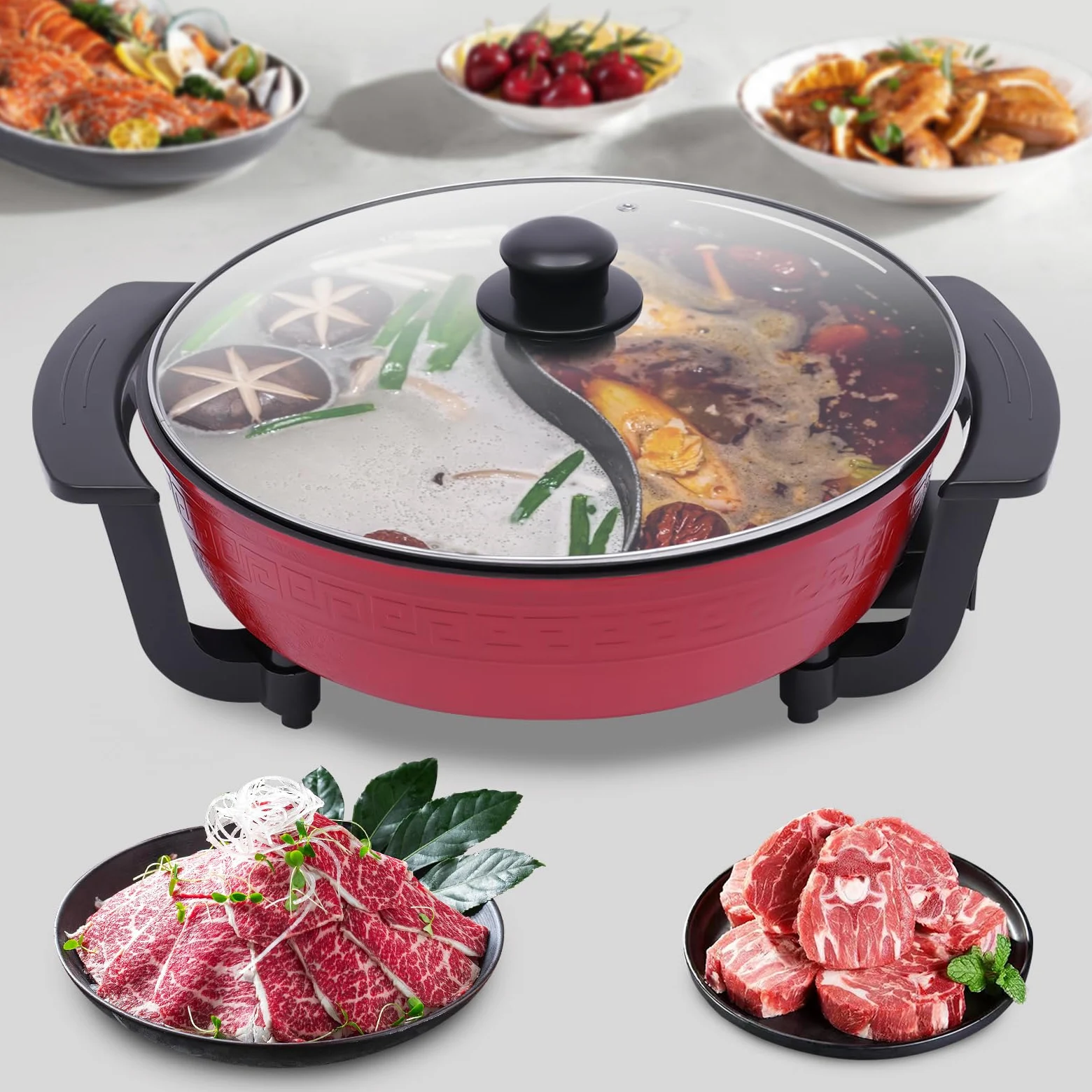 1300W 6L Twin Hot Pot Pot Pot avec couvercle Hotpot électrique 2 Pièces Cuisine Cuisine Outil de cuisine Rouge