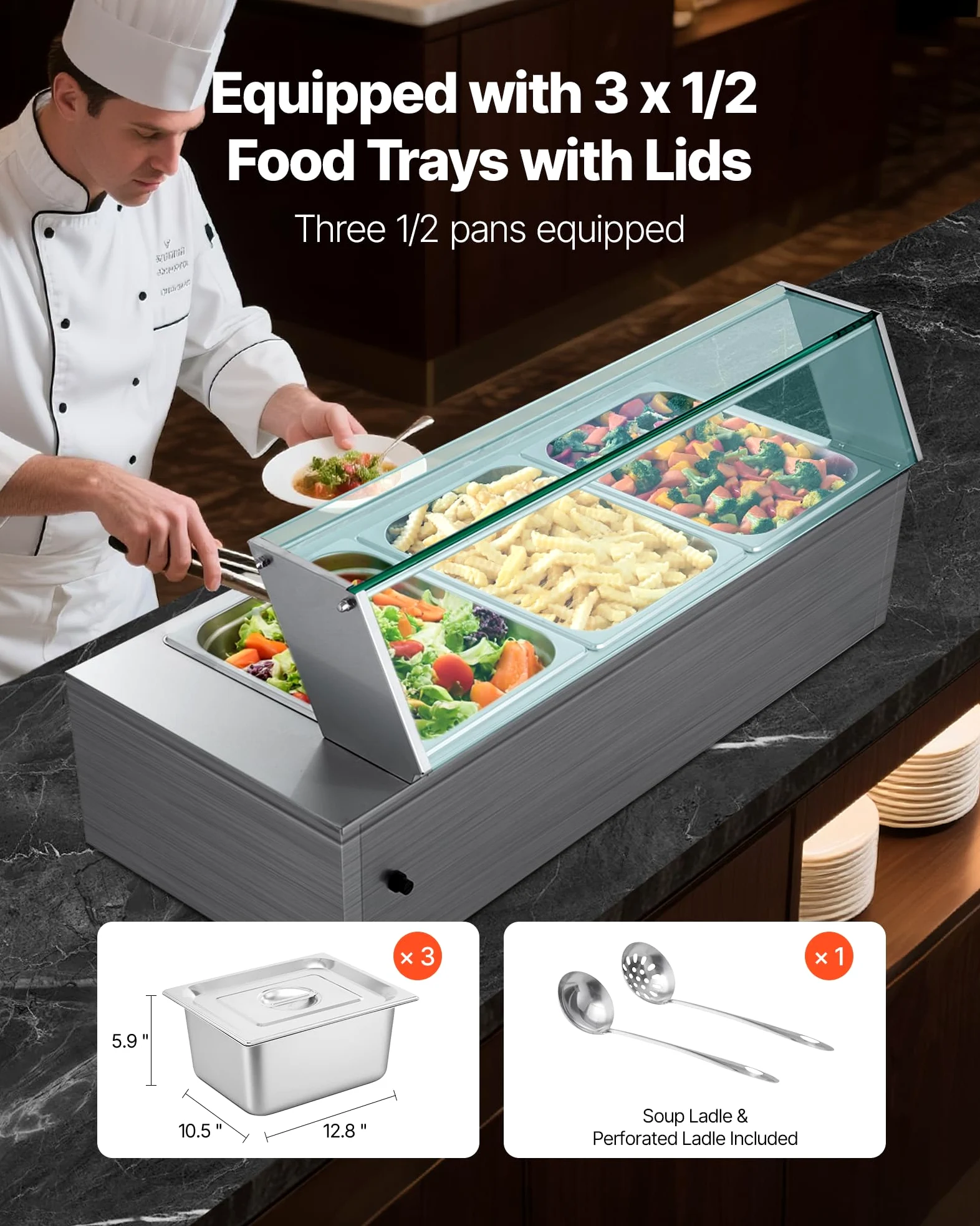 VEVOR Chauffe-Plat Électrique à Vapeur 1500 W, Buffet Chauffant en INOX, Bain-Marie avec 3 Bacs, Couvercle en Verre et Louches à Soupe et Perforées, pour Servir Buffet en Libre-Service Restauration