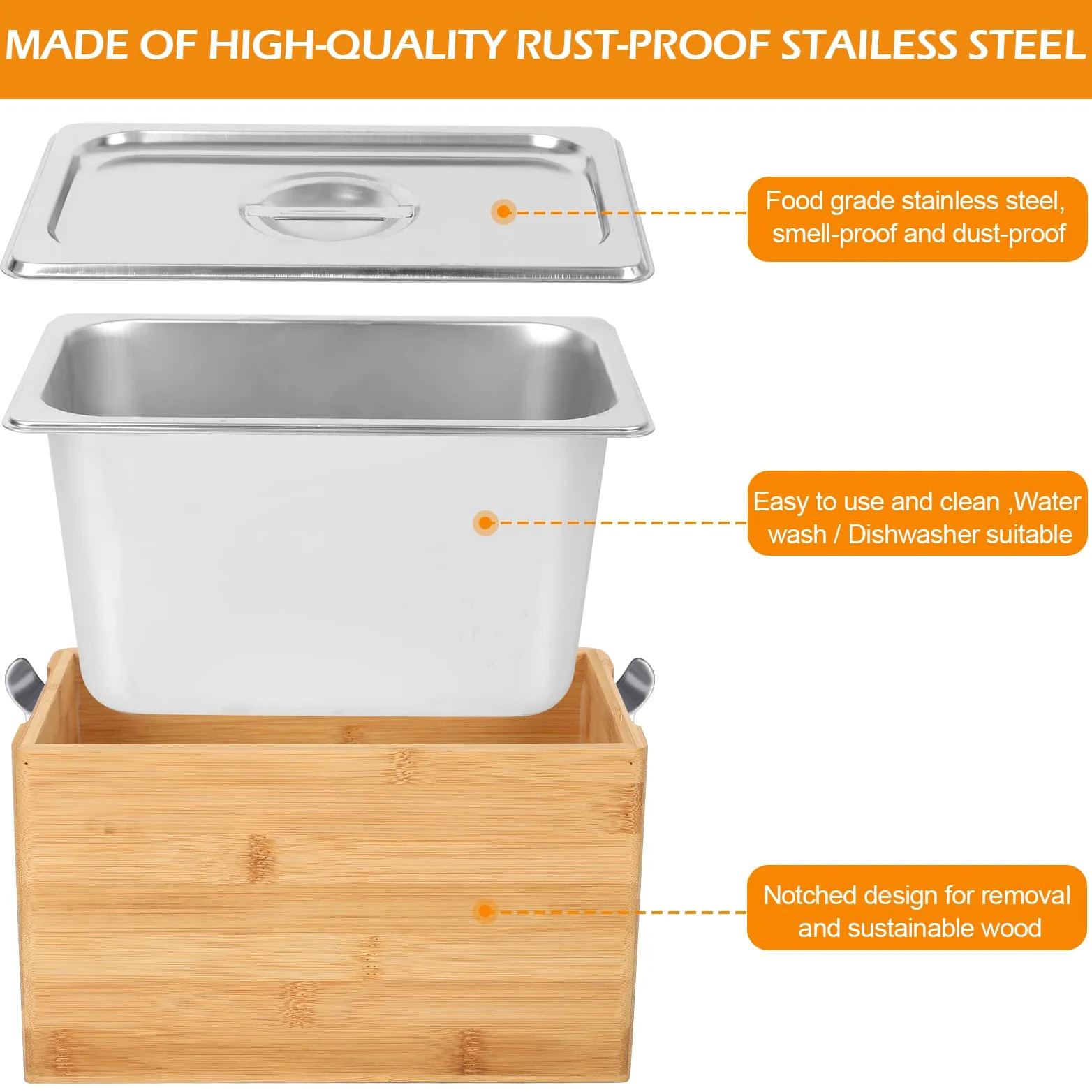 Poubelle à compost pour plan de travail de cuisine, poubelle en bois, poubelle biologique, récipient en acier inoxydable avec couvercle, anti-odeurs, organisateur pour restes de nourriture