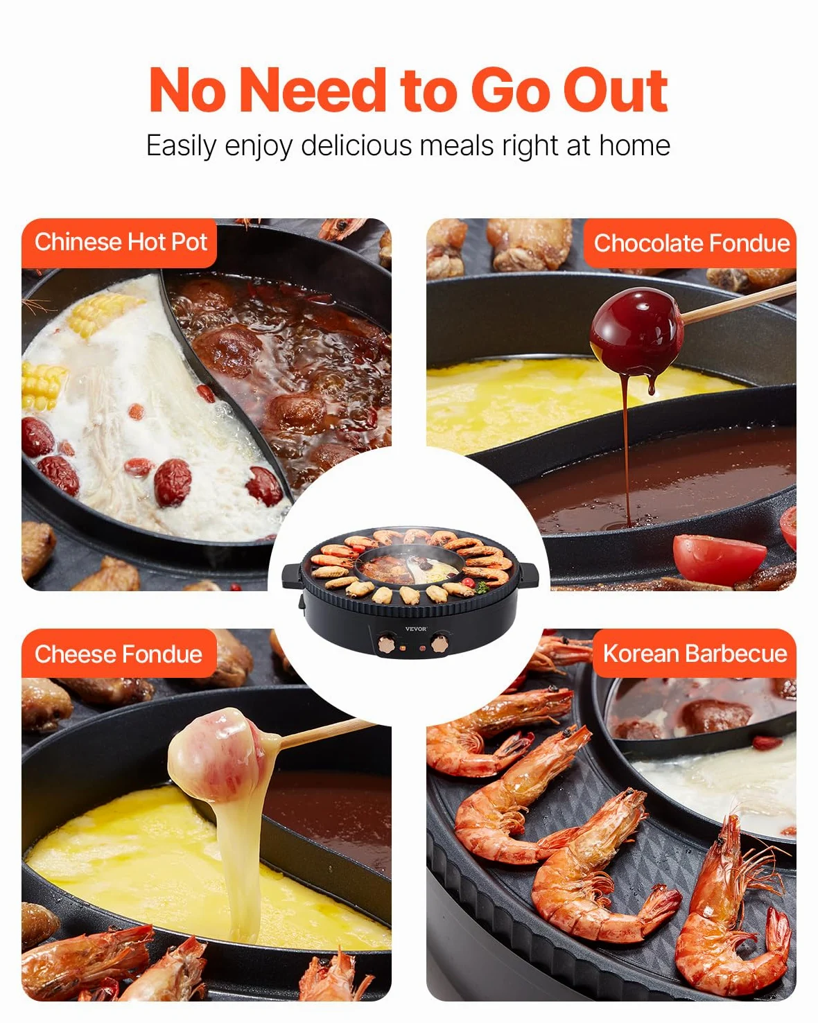 VEVOR Appareil à Fondue Chinoise avec Gril 2-en-1, Hot Pot Électrique 1800 W, Fondue Électrique avec Double Contrôle de Température Séparé, Poêle Antiadhésive, pour Barbecue Coréen Shabu Shabu Hotpot