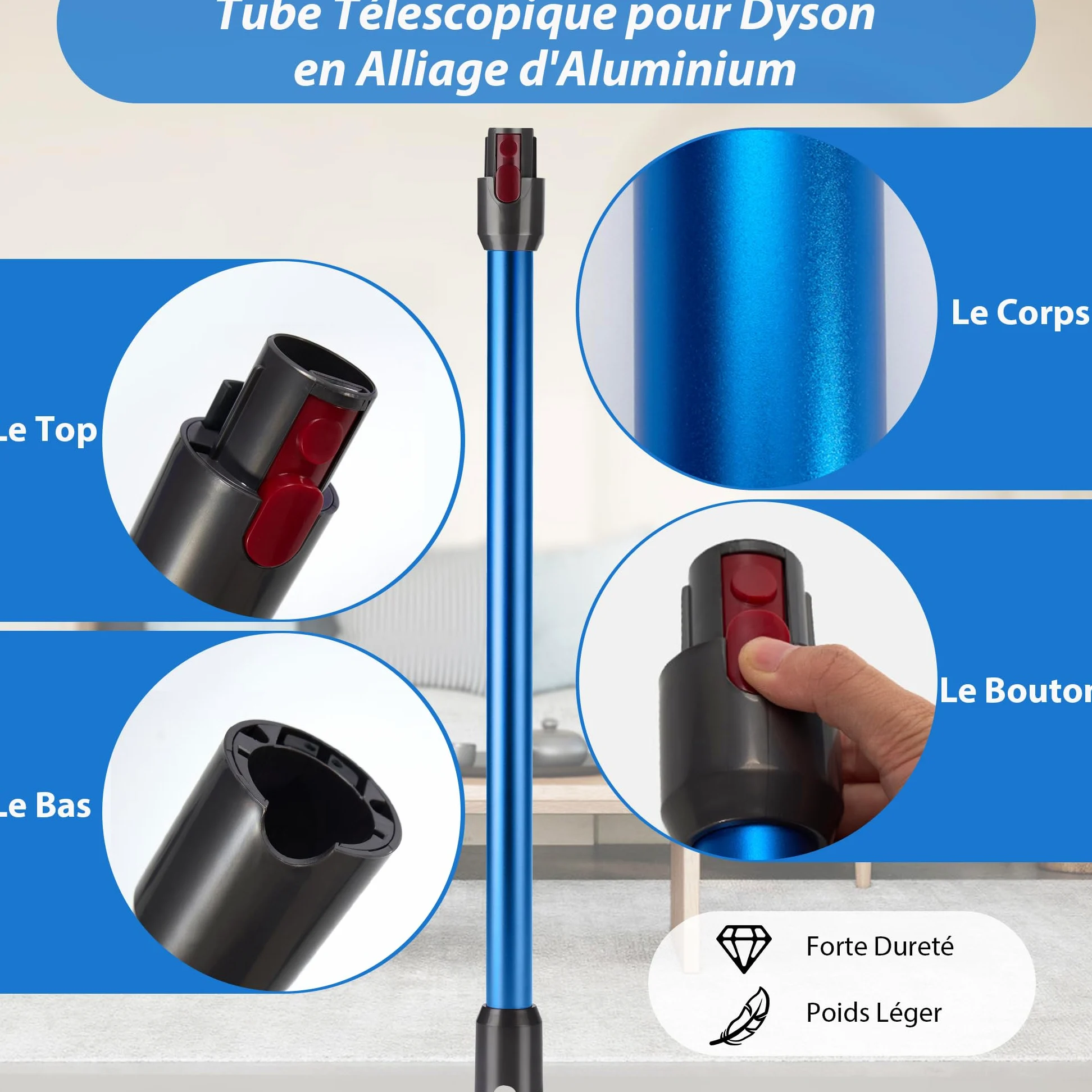Tube d'Extension Télescopique Dyson Compatible V7 V8 V10 V11 V15 - Avec 2 Filtres et Deux Brosses 2-en-1 - Bleu