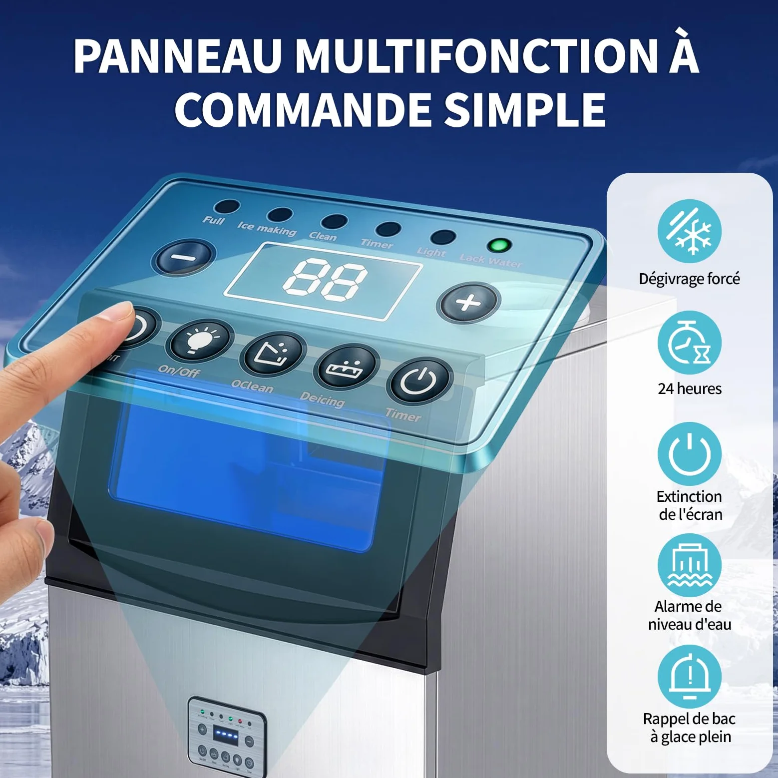 LEADZM Machine à Glaçons Commerciale 50 kg/24h, Capacité de Stockage 23 kg, 50 Glaçons par Cycle, Acier Inoxydable, Nettoyage Automatique, Idéale pour Bar, Restaurant et Café
