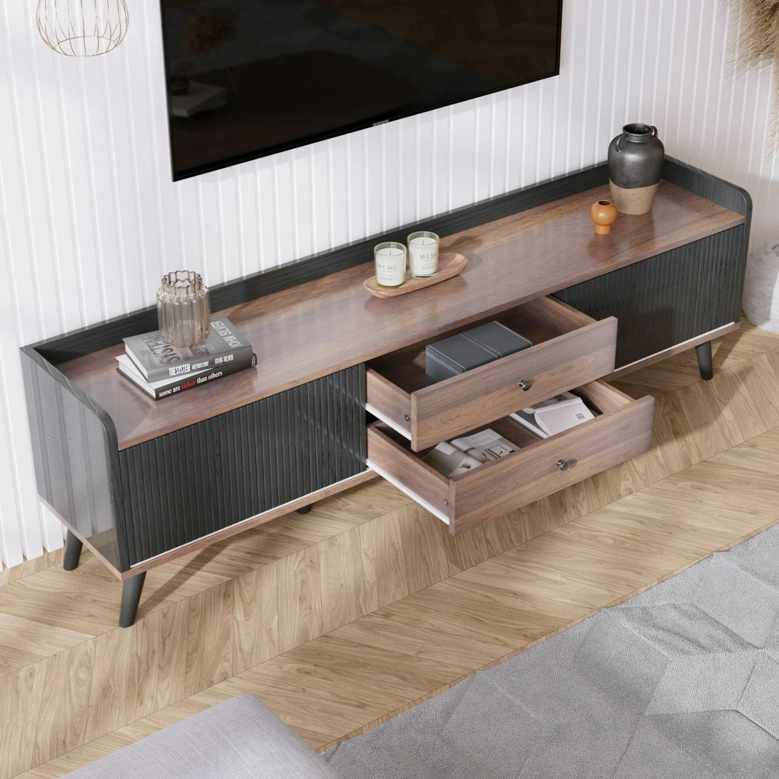 KOMHTOM Armoire TV en bloc de couleur noir/blanc et bois, buffet avec 2 tiroirs et 2 compartiments de rangement spacieux, armoire polyvalente pour salon, chambre à coucher et salle à manger (noir)