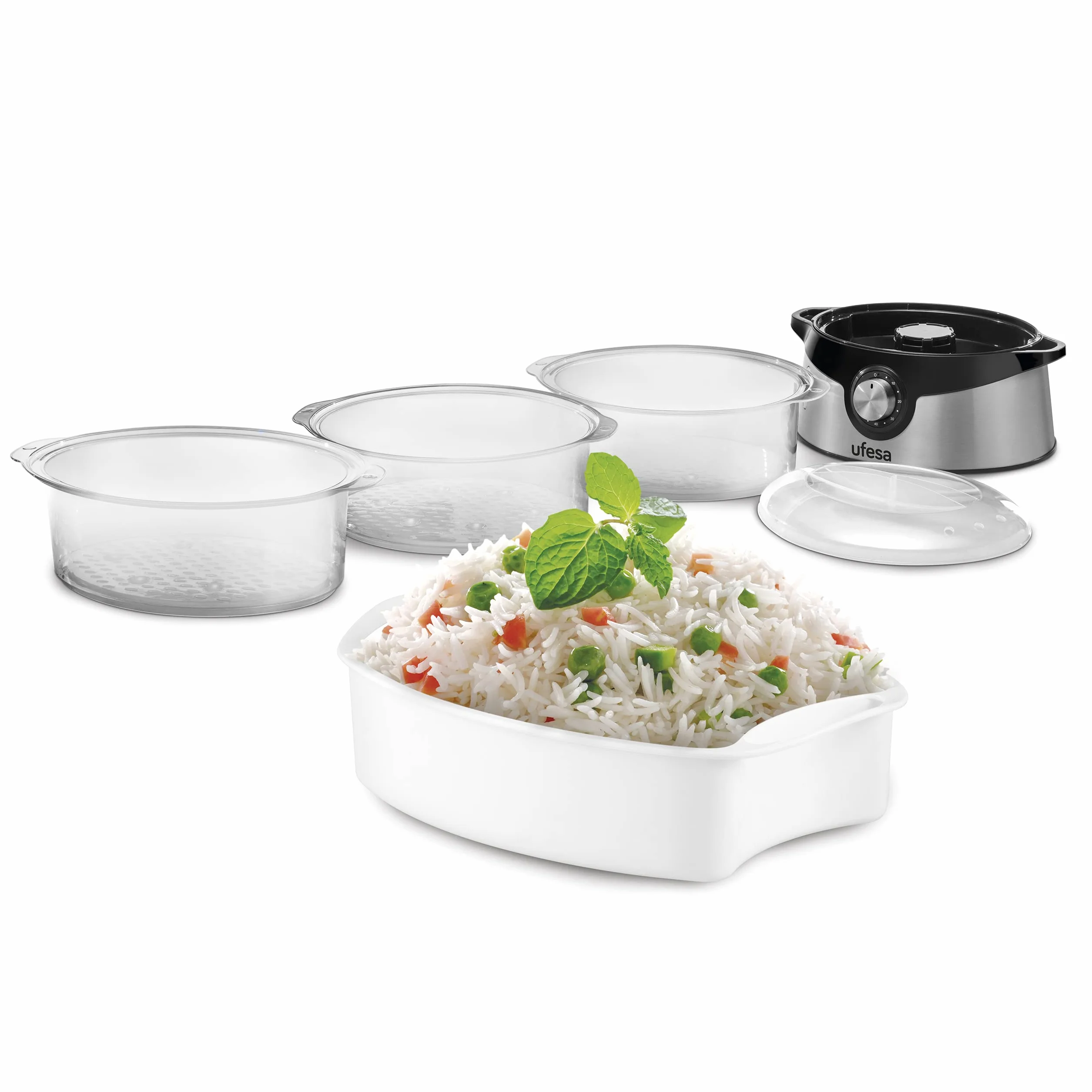 Ufesa CV4000 Cuiseur Vapeur 800W, 3 Plateaux Empilables, Capacité 9L, Minuterie de 60min, Inclus Bol de Riz de 1L, Sans BPA, Inox