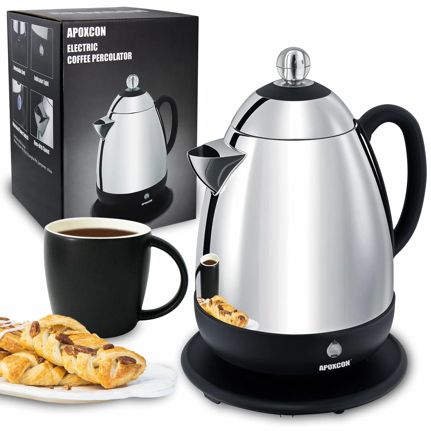 APOXCON Percolateur électrique en acier inoxydable - Fonction maintien au chaud, bec verseur anti-gouttes et interrupteur (10 tasses)