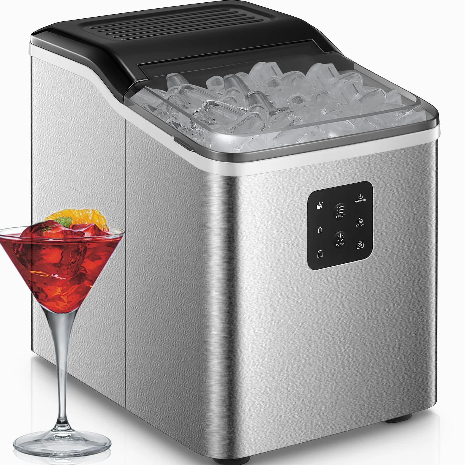 Machine à Glaçons Acier Inoxydable, Autonettoyante, 2 Tailles de Glaçons, 14kg en 24h, 9 Glaçons en 6 Minutes, Écran LCD et Réservoir d'Eau de 2L, Capteur IR, Cuillère à Glaçons et Panier, NORTHCLAN