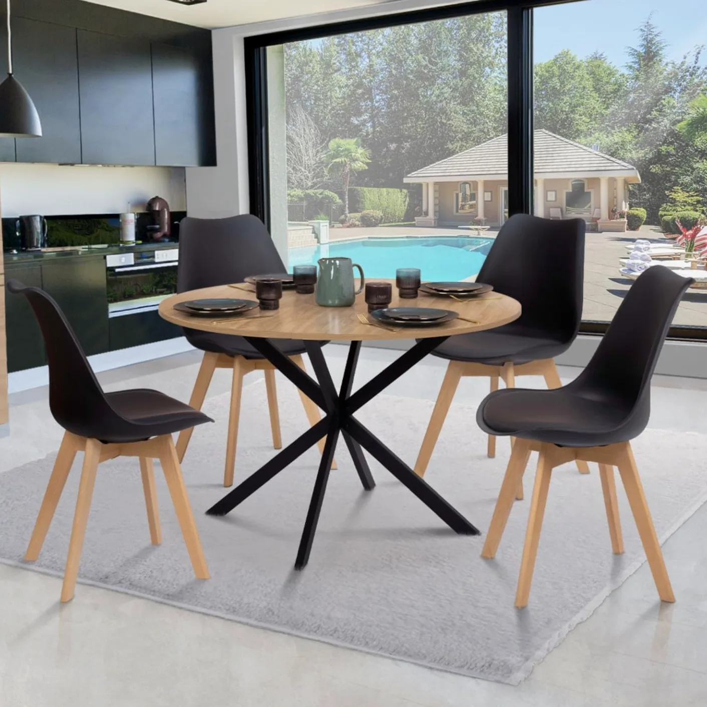 IDMarket - Ensemble Table à Manger Ronde Alix 110 cm Bois et Noir et 4 chaises SARA Noires