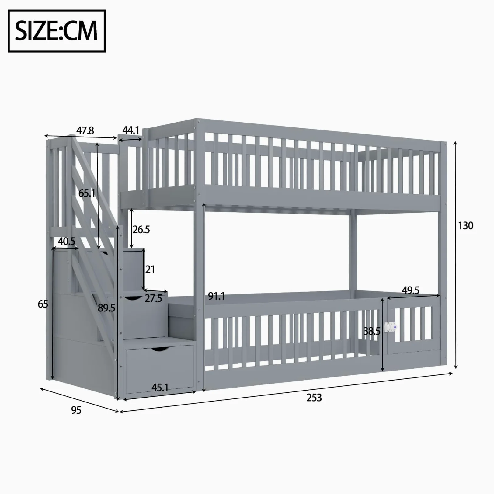 PUGSDRLY Lit Superposé Enfant 90x200cm en Bois avec échelle Rangement,Lit Mezzanine 2 Places avec Sommier à Lattes,Barrière de Sécurité Haute,pour Enfant et Adolescent,sans Matelas (Gris-90)