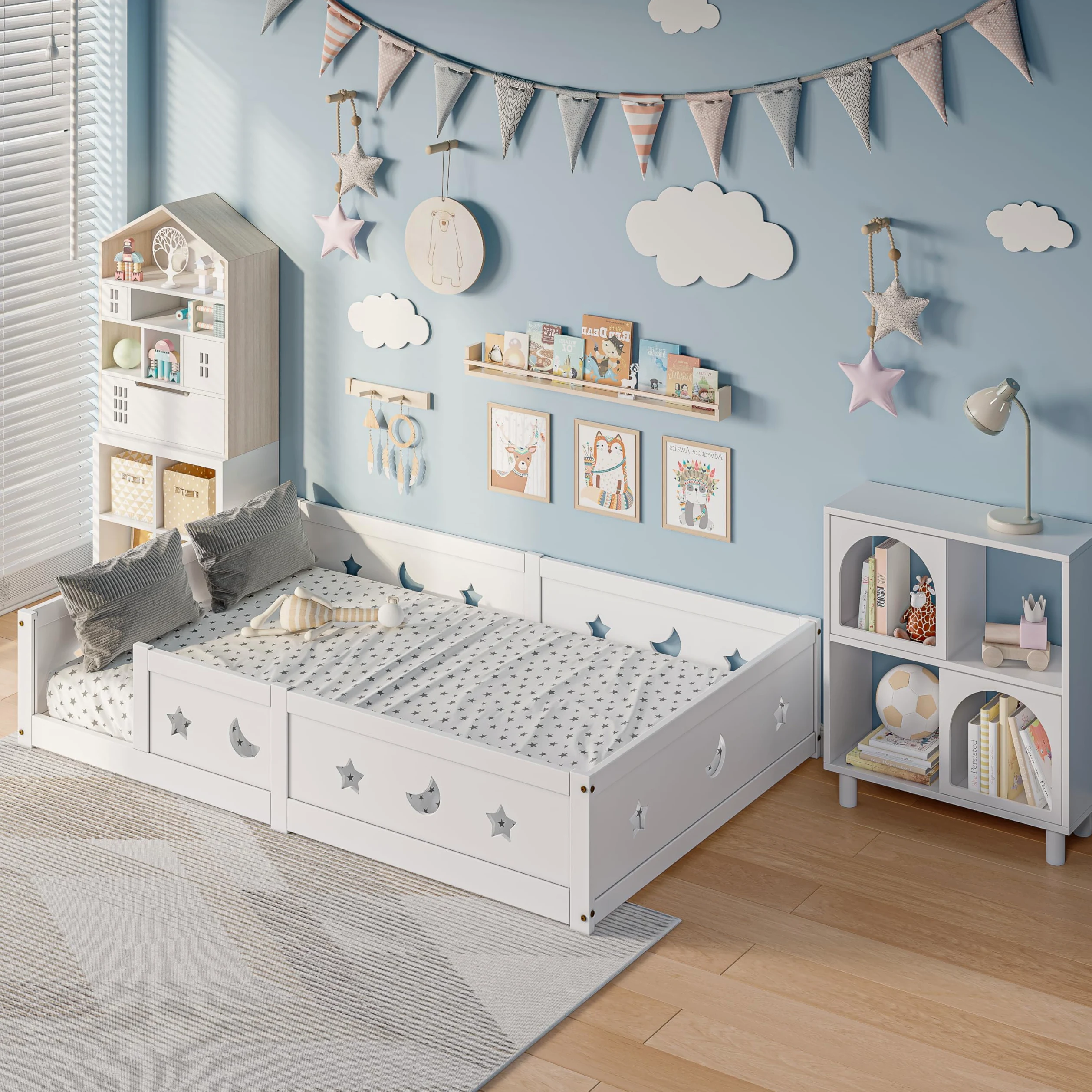 Lit pour Enfant 90x200 cm,lit au Sol Enfant en Bois Naturel avec Protection Contre Les Chutes,Lits Enfant 90x200 avec Étoiles et Lune, Lit Montessori en Panneau de Particules, Blanc