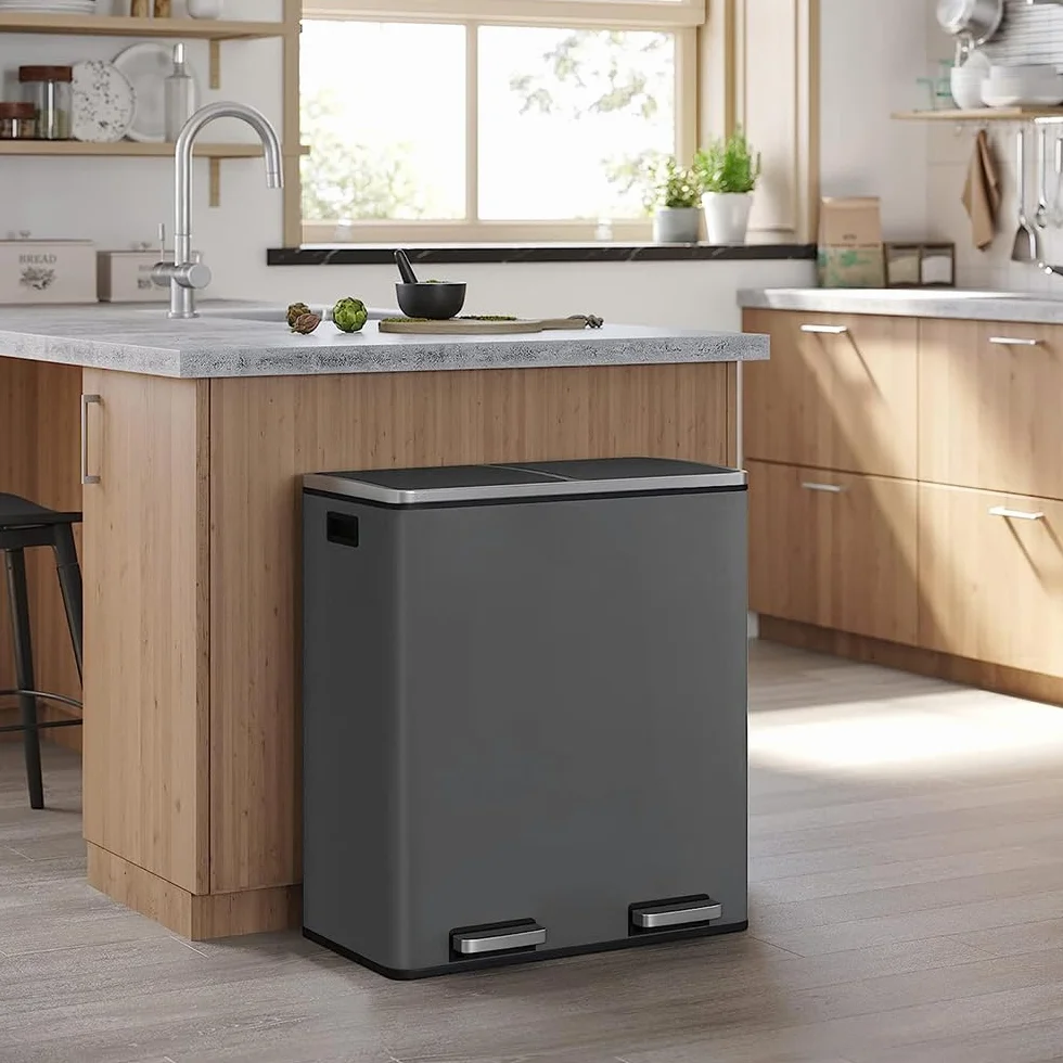 Panana Poubelle 60 L (2 x 30 litres), Système de Tri Sélectif de Cuisine - Poubelle à Pédale en Métal à Fermeture Douce avec Couvercle Hermétique pour Cuisine (Gris)