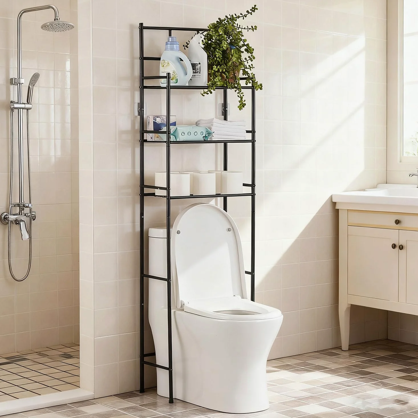 Meuble WC, Meuble Salle de Bain Rangement à 3 Niveaux, Étagère WC Autoportante en Métal, Rangement au-Dessus des Toilettes ou Lave-Linge Peu Gain de Place, Montage Facile Etagere, Noir