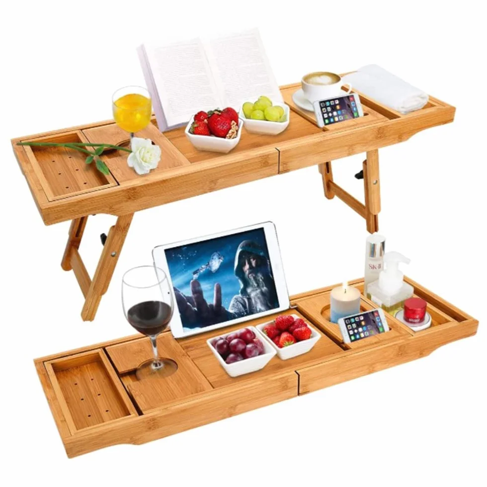 Pont de Baignoire Extensible Bambou,Plateau de Rangement Baignoire Expérience de Spa,2 en 1 Plateau en Bambou Naturel de Baignoire/Lit,avec Support pour Verre à Vin,Livre et Tablette