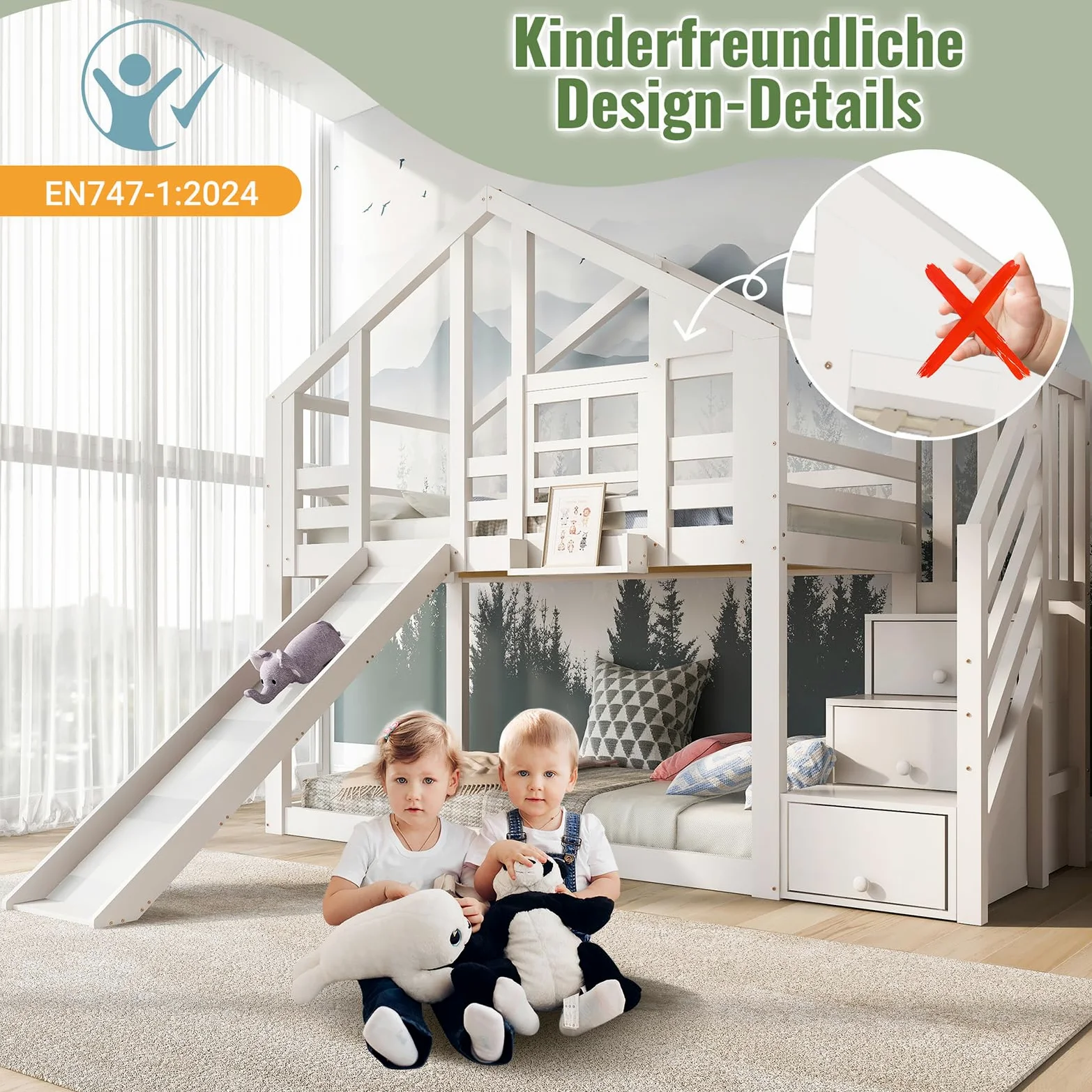 Lit Enfant, lit superposé, lit Triple, 90 x 200 cm, avec Toboggan et échelle, Toit au Design Unique, lit supérieur avec Espace de Rangement, pin et MDF (Blanc-C, 90×200 CM)