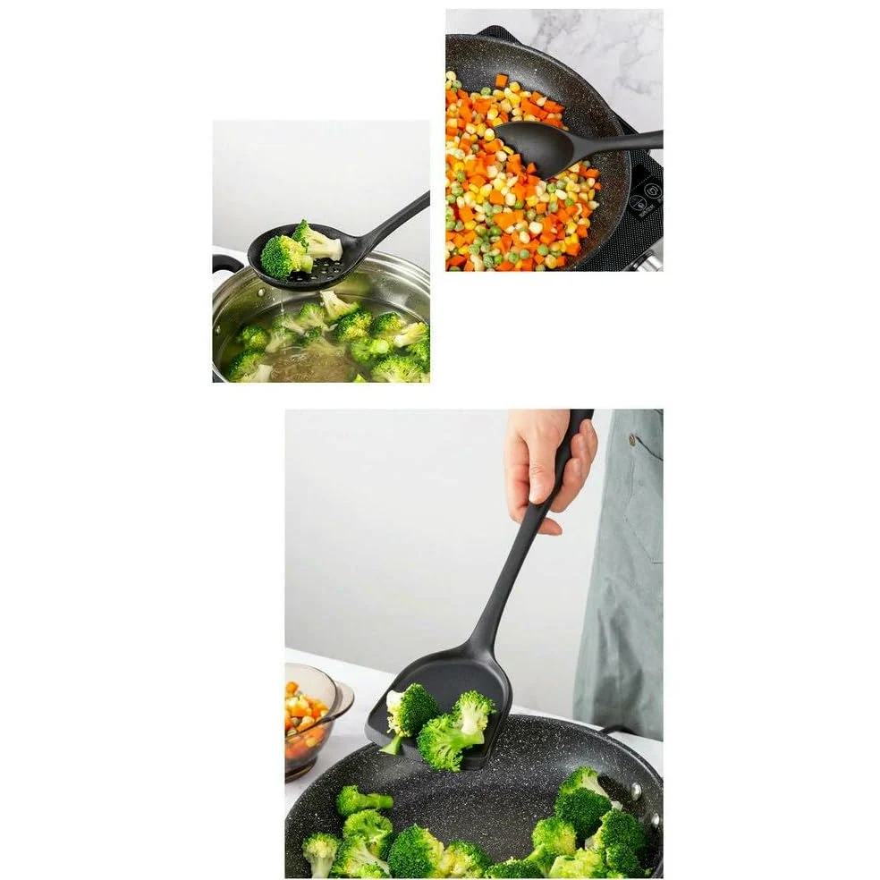 WLDMA Ensemble d'ustensiles de cuisine noirs en silicone de qualité alimentaire avec spatule, pelle à soupe, cuillère à soupe, ustensiles de cuisine BPA