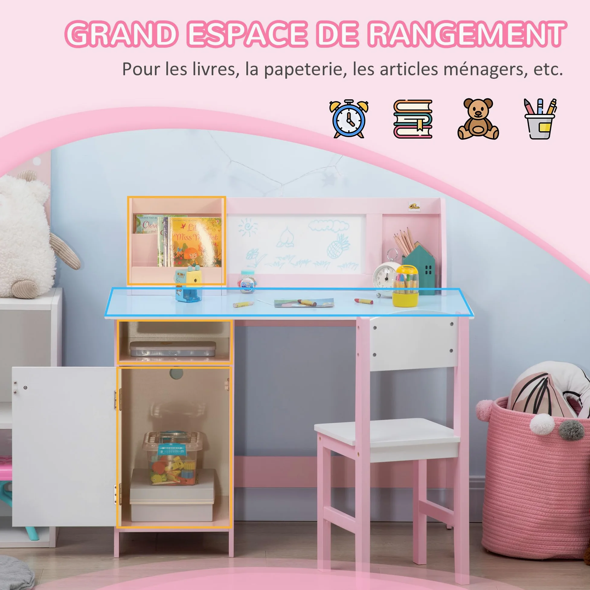 HOMCOM Ensemble Table et Chaise pour Enfant avec Tableau Blanc - Bureau pour Enfant +5 Ans 90L x 45l x 85H cm Rose