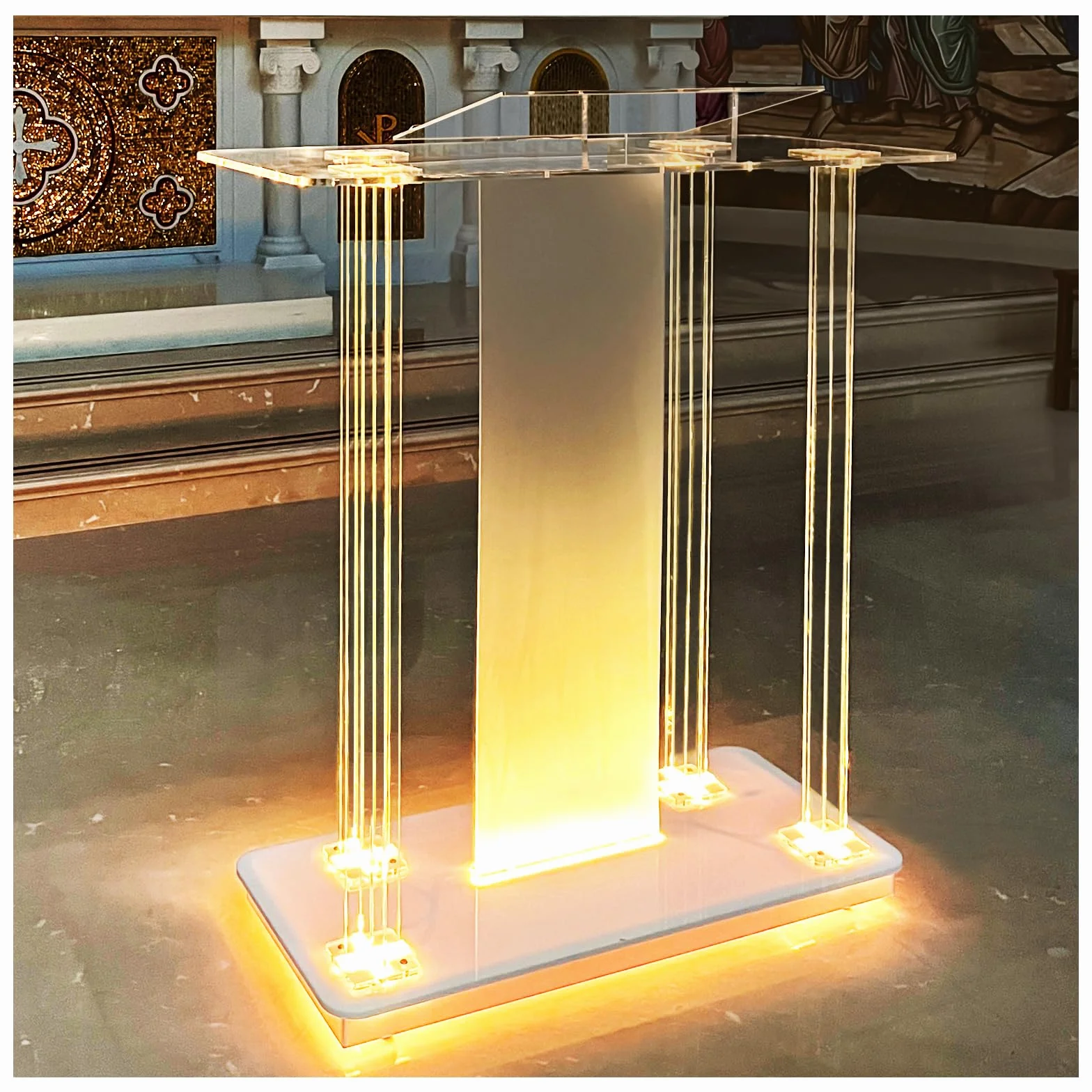 Afitdon Kirchen Kanzel Pupitre en Acrylique Transparent avec Roues et 15 Couleurs de lumière LED réglables, Grand Support Acrylique pour église, Concert, conférence, Mariage, Salle de Classe
