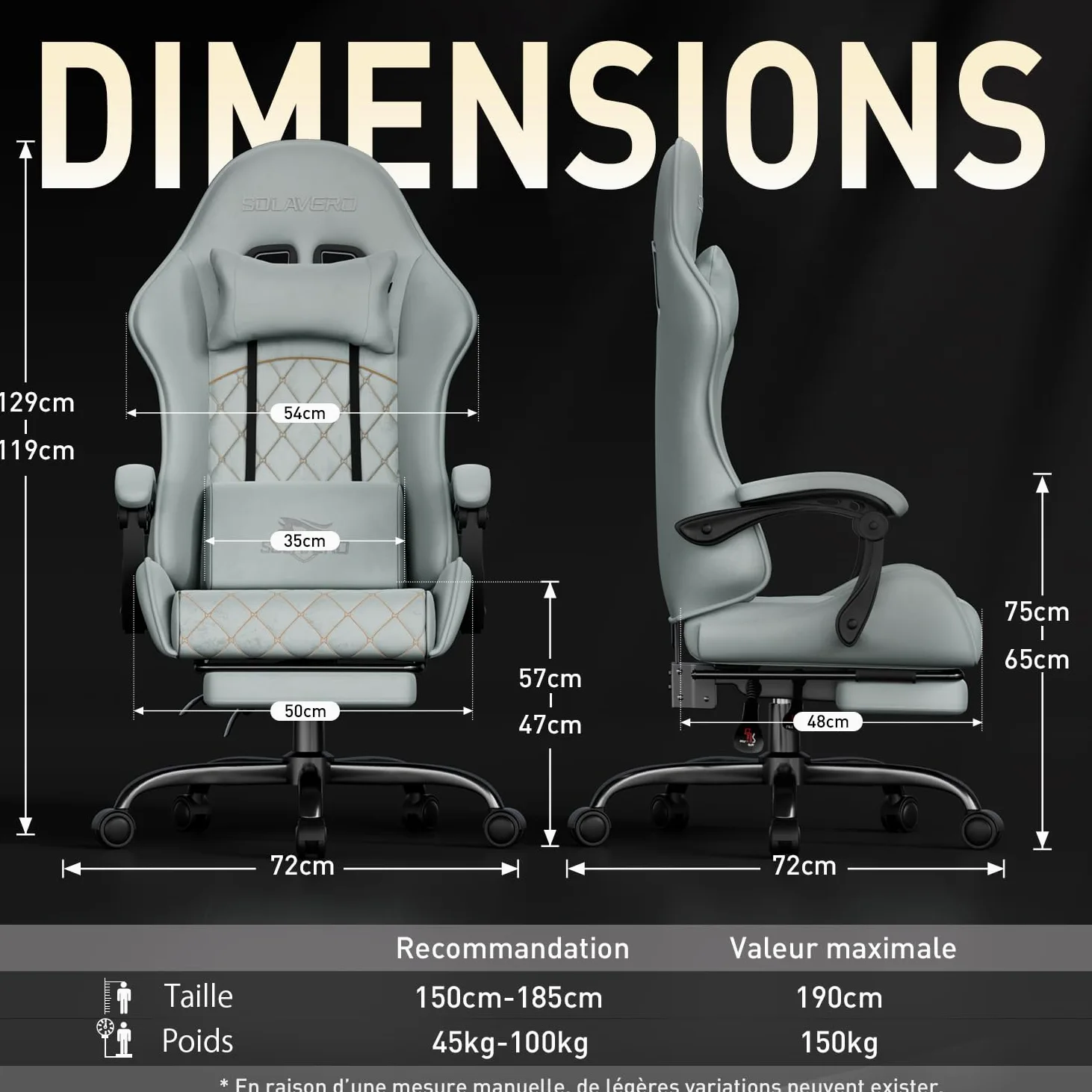 SOLAVERO Chaise Gaming en Tissu Suédine, Fauteuil Gamer Ergonomique avec Support Lombaire Massante, Siège de Bureau avec Repose-Pieds Télescopique, Charge 150kg, Bleu Clair