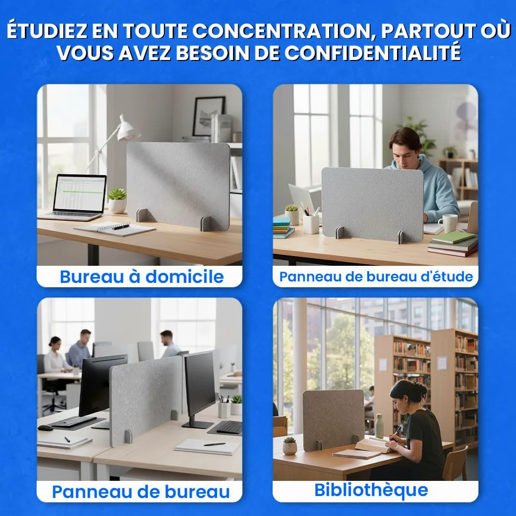 Cloison de bureau ReFind. Réduction acoustique du bruit et écran de confidentialité pour l'espace de travail. Organisateur de bureau autonome. Pour bureau, école et télétravail. [50cm x 80cm]