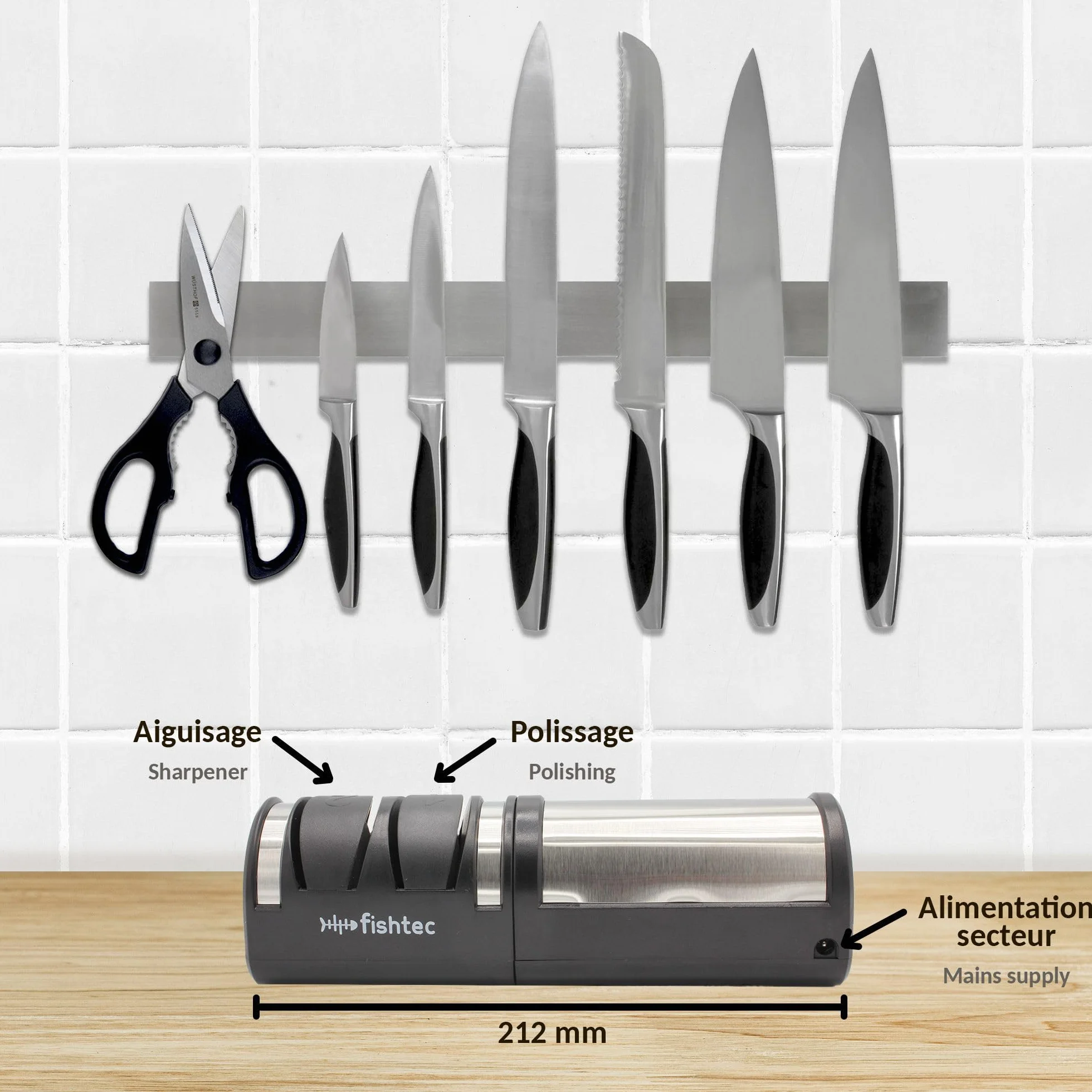 FISHTEC - Aiguiseur électrique Master Blades noir - 4 fentes diamant affûtage et polissage - Pour couteaux acier et céramique - Appui stable antidérapant - Nettoyage facile démontable