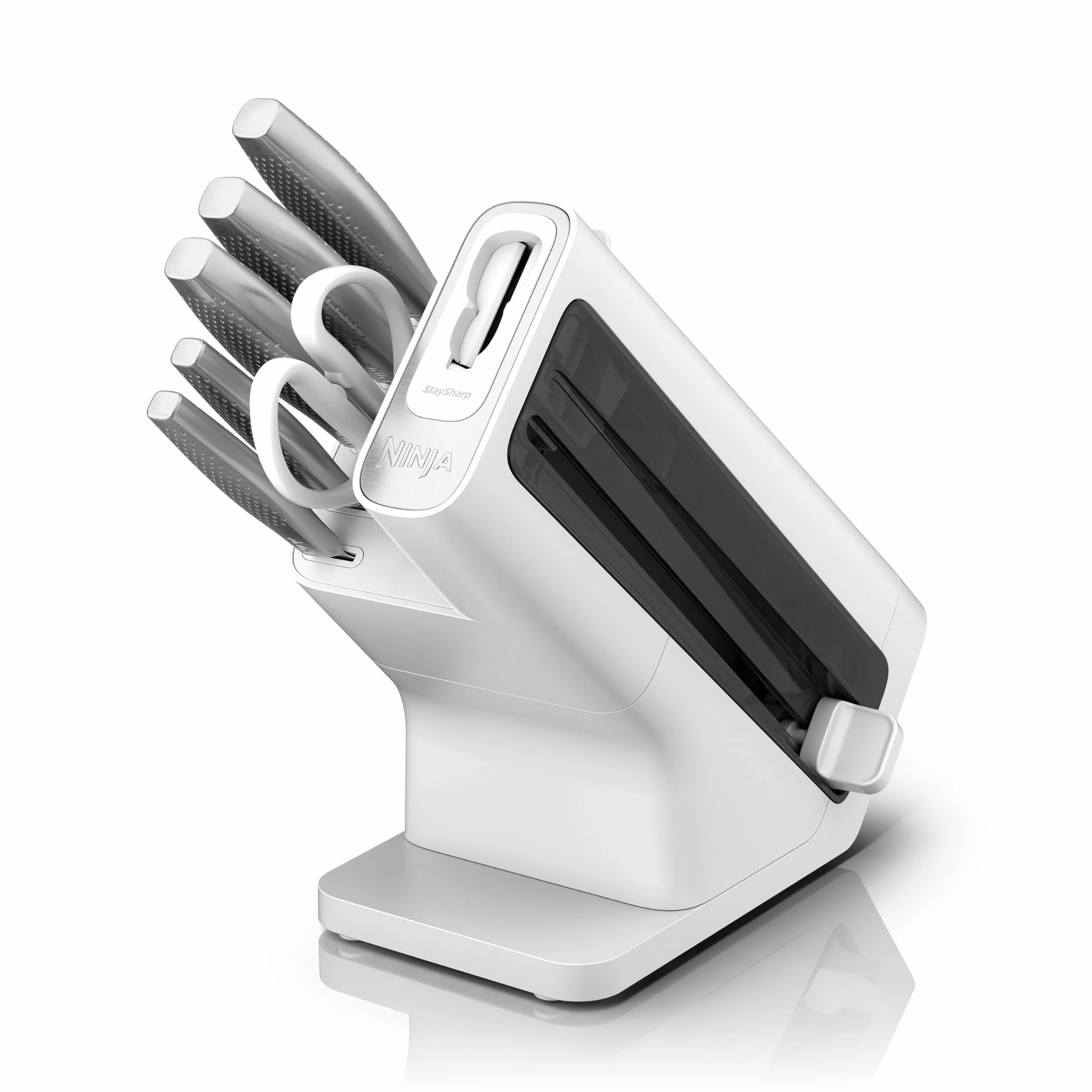Ninja StaySharp Ensemble de couteaux 6 pièces en acier inoxydable avec aiguiseur intégré, ciseaux de cuisine et couteaux de chef, à trancher, à pain, tout usage et d'office, blanc, K62006EUWH