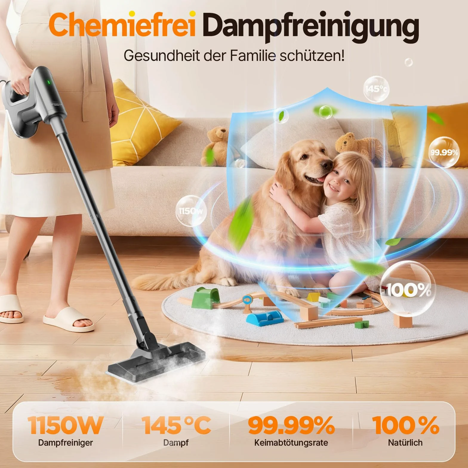 Nettoyeur Vapeur, Balai Vapeur démontable chauffe en 15s, 145℃ nettoyage à la vapeur sans produits chimiques, Steam Cleaner Portable pour Parquets Carrelages Joints Fenêtres Salles de Bains Cuisines