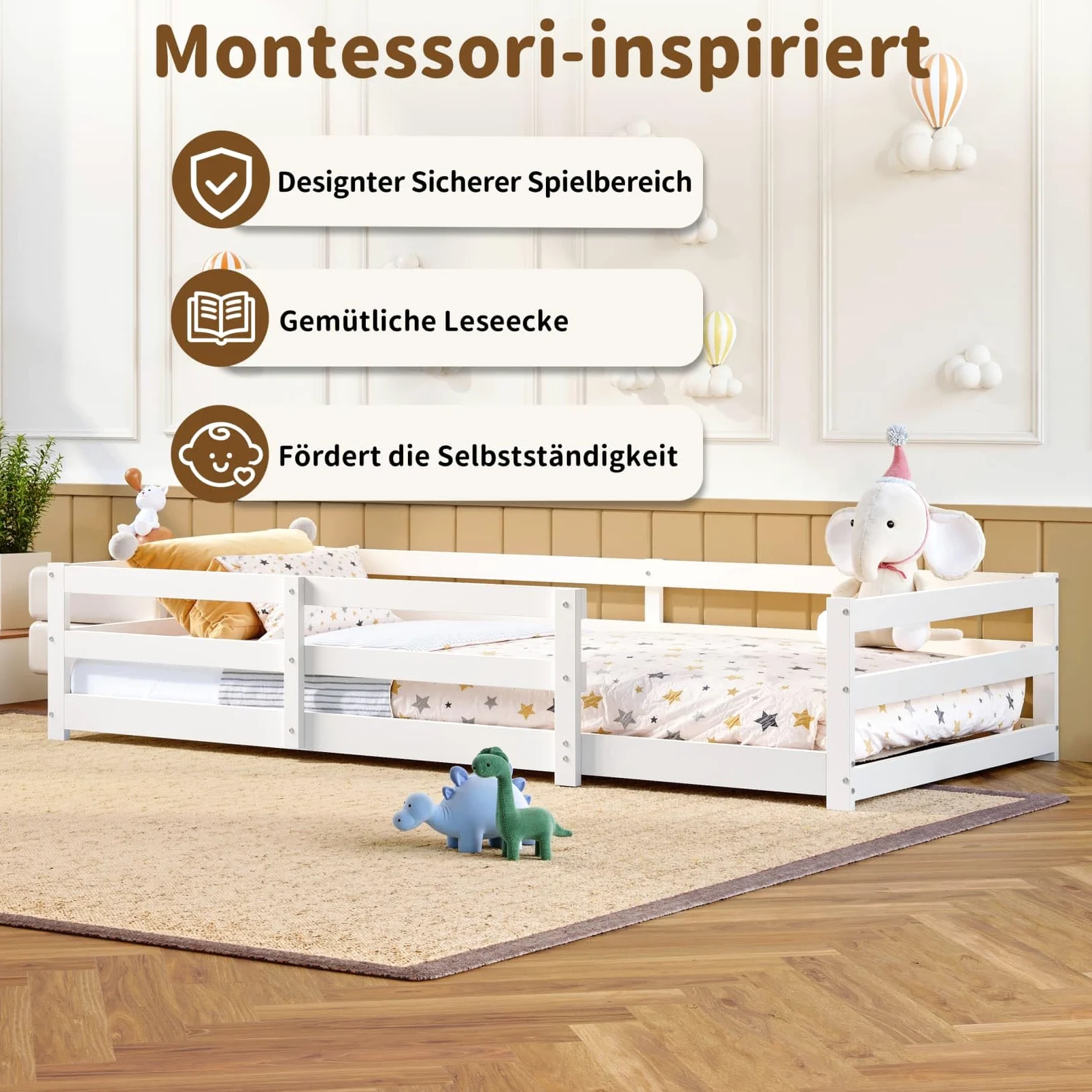Lit Au Sol Montessori 90x200cm,Cadre de Lit 1 Personne avec Quatre Barrières Latérales,Sommier à Lattes Roustes,pour Garçons Filles(90-Blanc)