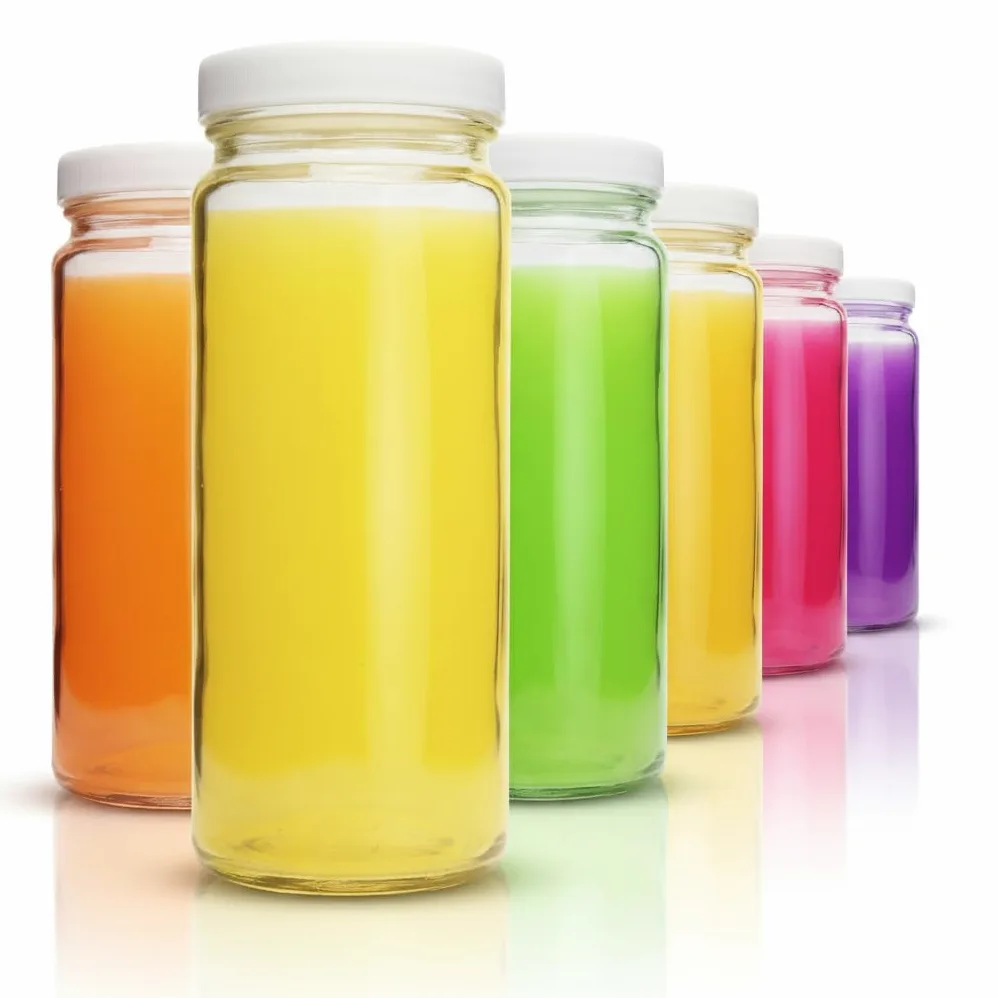Lot de 6 bouteilles de jus en verre avec couvercles, bouchons blancs, large goulot de 6, réutilisables | Grande ouverture, pour jus de fruits, smoothies, boissons, durable, passe au lave-vaisselle