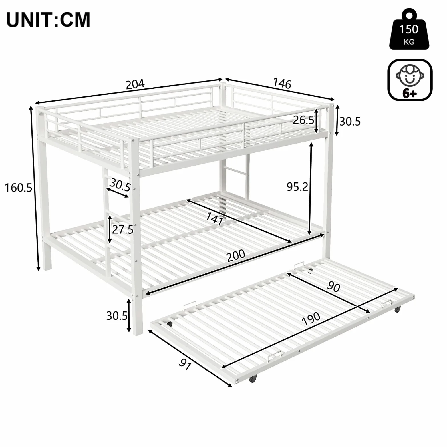 PUGSDRLY Lit Superposé 3 Places avec Lit Gigogne, Structure en Métal Robuste, lit Mezzanine 2 Places avec Haute Barrière de Sécurité, pour Étudiant, Adulte (Blanc+Métal, 140 * 200cm)