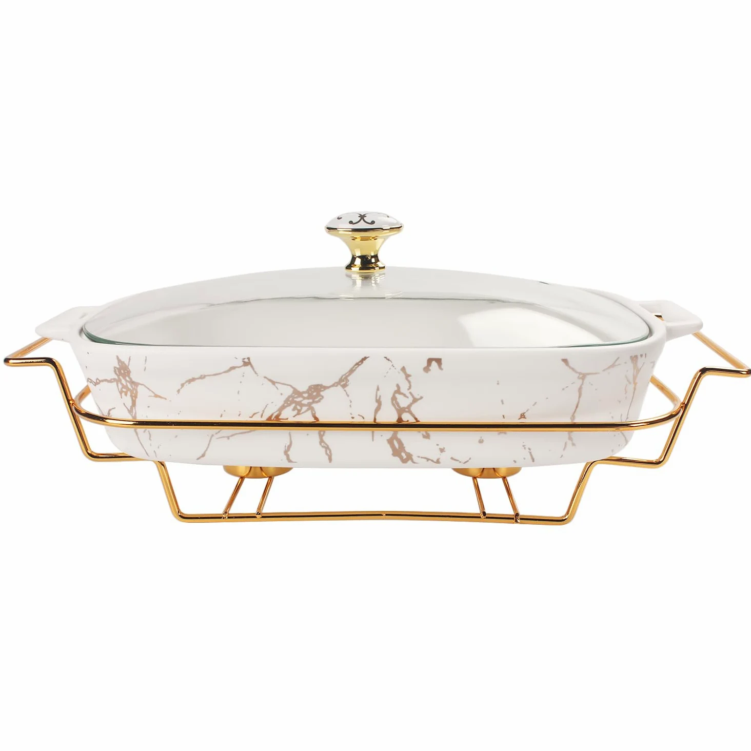 Plat à gratin en porcelaine avec couvercle en verre et grille - 2200 ml - Plat à soupe pour buffet - Plat à gratin pour conserver les aliments pour les fêtes