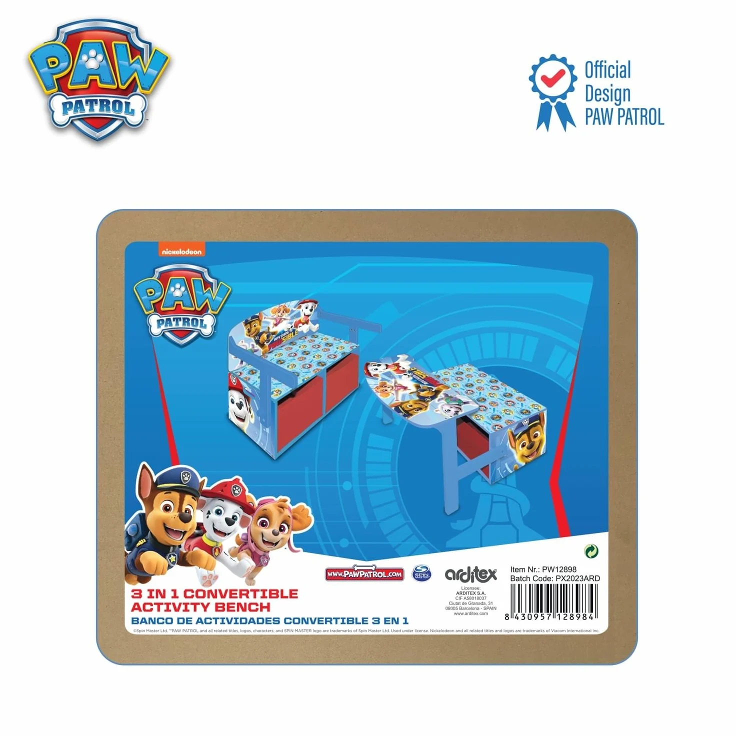 Banc à Jouets 3 en 1 en Bois modèle Paw Patrol