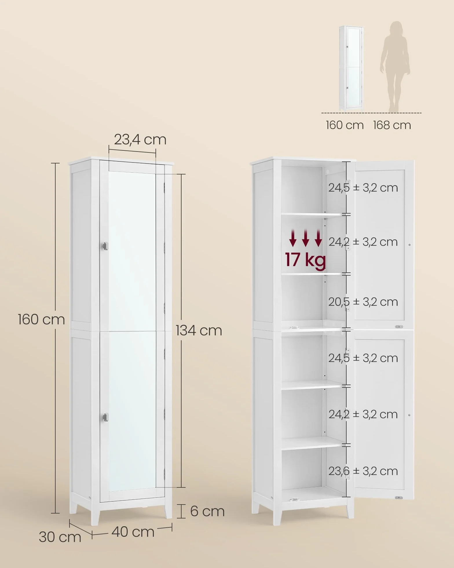 VASAGLE Armoire de Salle de Bain Haut, avec Miroir Pleine Longueur, Meuble de Salle de Bain, avec Étagères Réglables, 30 x 40 x 160 cm, pour Petit Espace, Salon, Couloir, Blanc Nuage BBC764WH01