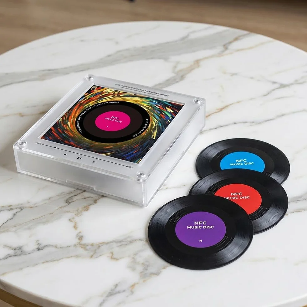 Autocollants magnétiques pour réfrigérateur NFC à induction chantante, lecteur de disques vinyles rotatif intelligent mini jukebox, pack de 9 autocollants audio programmables avec lumière