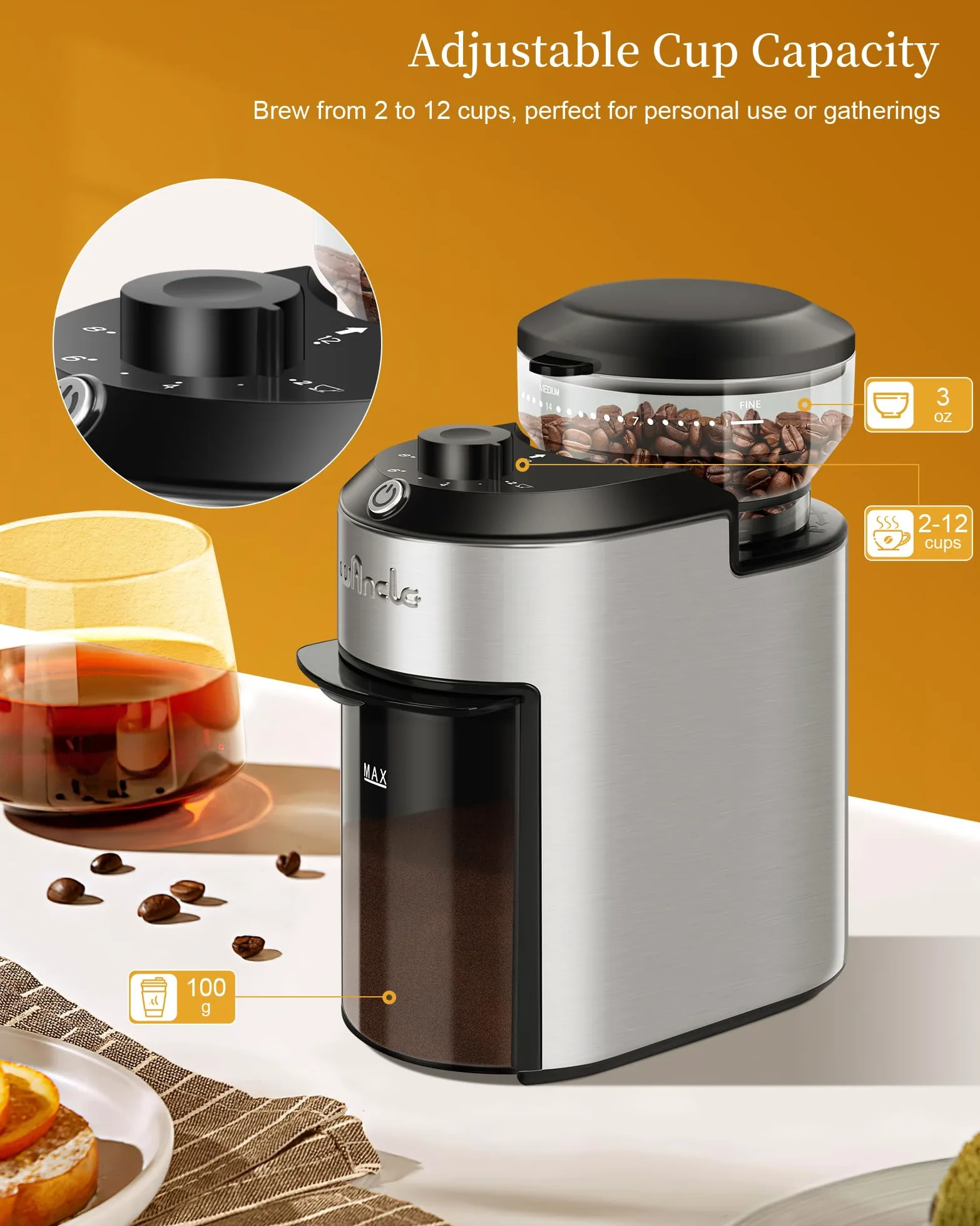 Moulin à Café à Meule Wancle 200W avec 28 Réglages de Mouture, Protection Contre la Surchauffe, Capacité de 2 à 12 Tasses, Design Compact pour un Rangement Facile, Acier Inoxydable, 220V