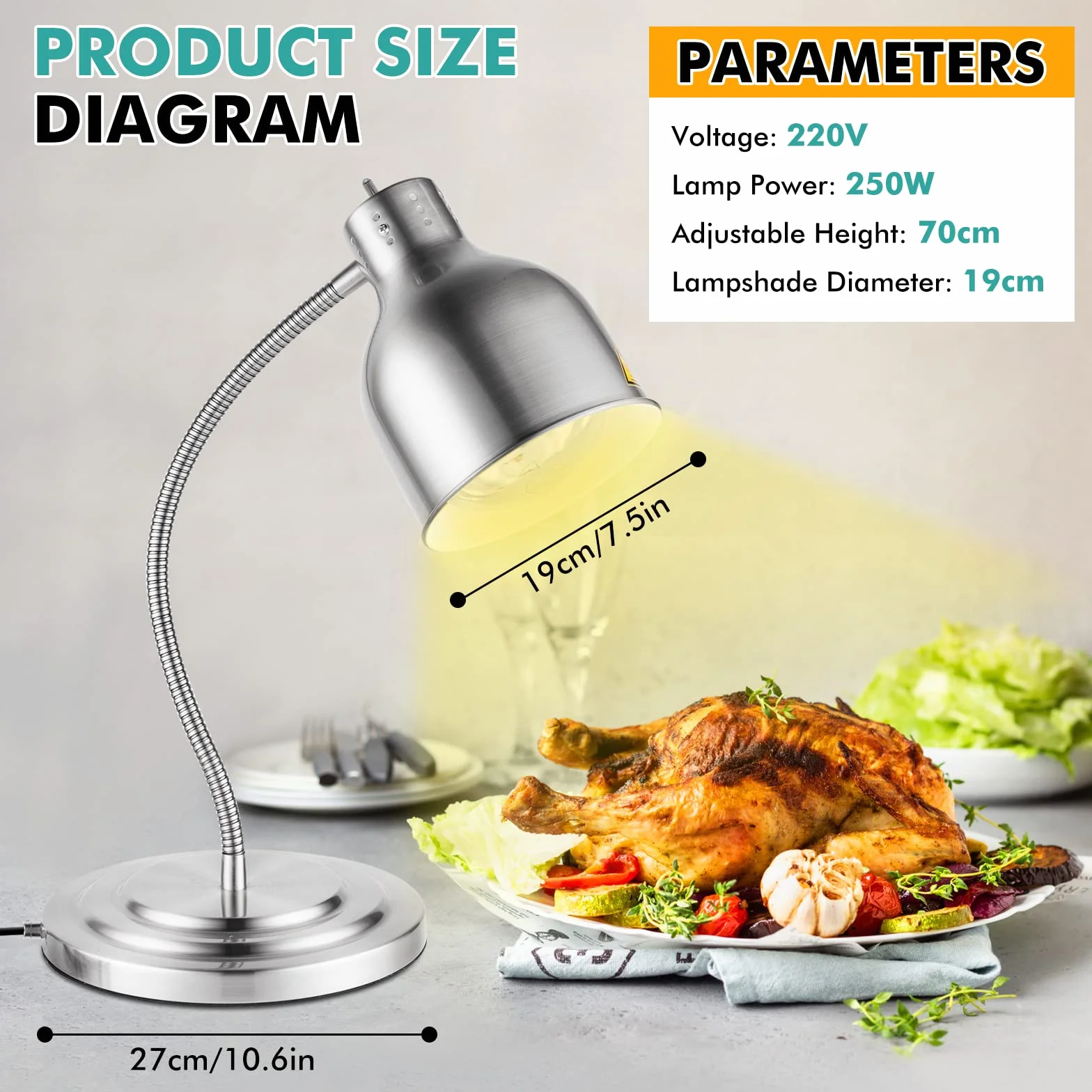 YJINGRUI Lampe chauffante pour Aliment Autonome 250W, argentée, avec Tuyau Extensible jusqu'à 70cm pour Buffet, Cuisine ou Restaurant (Ampoule Simple).