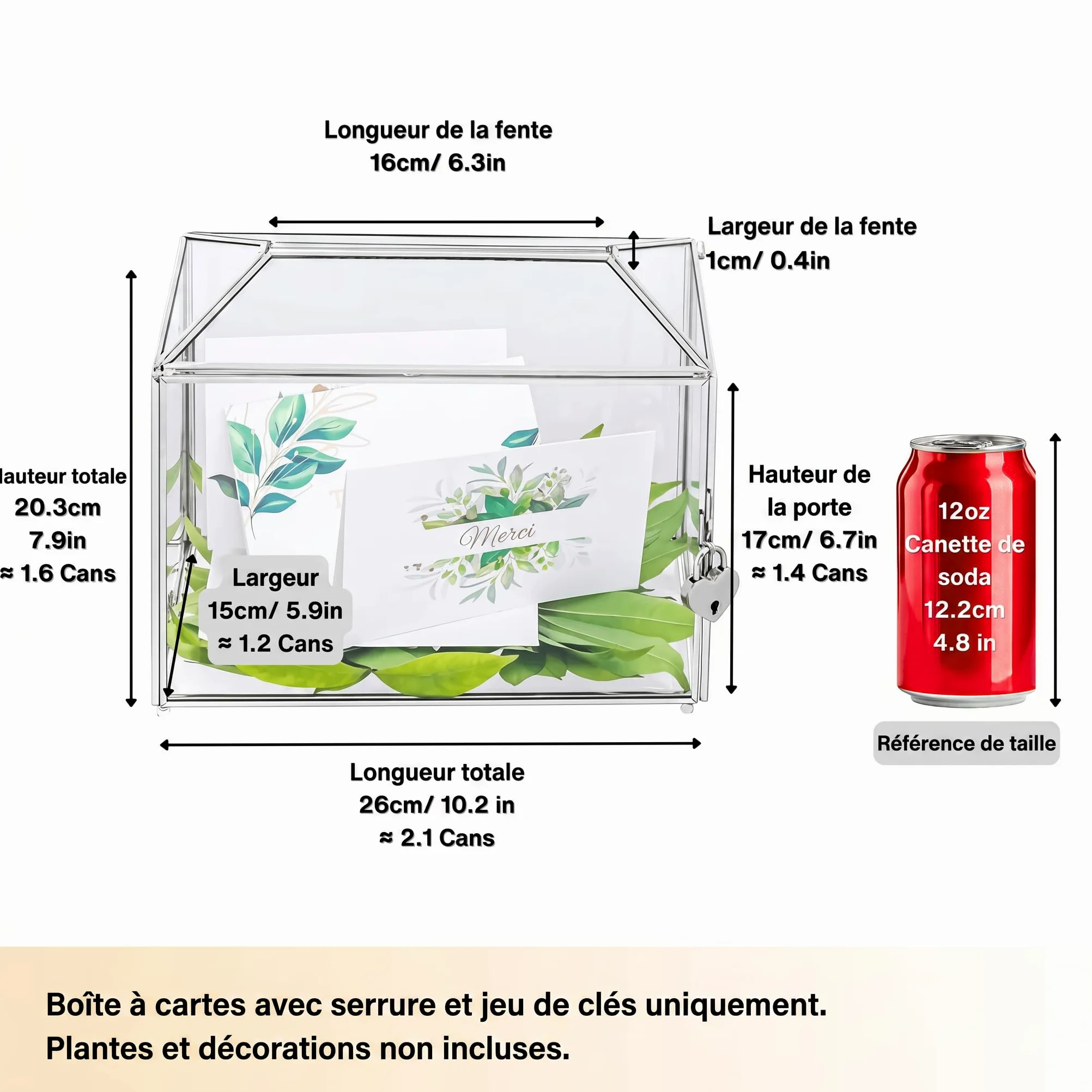NCYP 26cm Boîte à Cartes en Verre de Mariage avec Fente et Serrure, Géométrique Argent Faite à la Main pour les Réceptions de Fête D'anniversaire (Boîte en Verre et Serrure Uniquement)