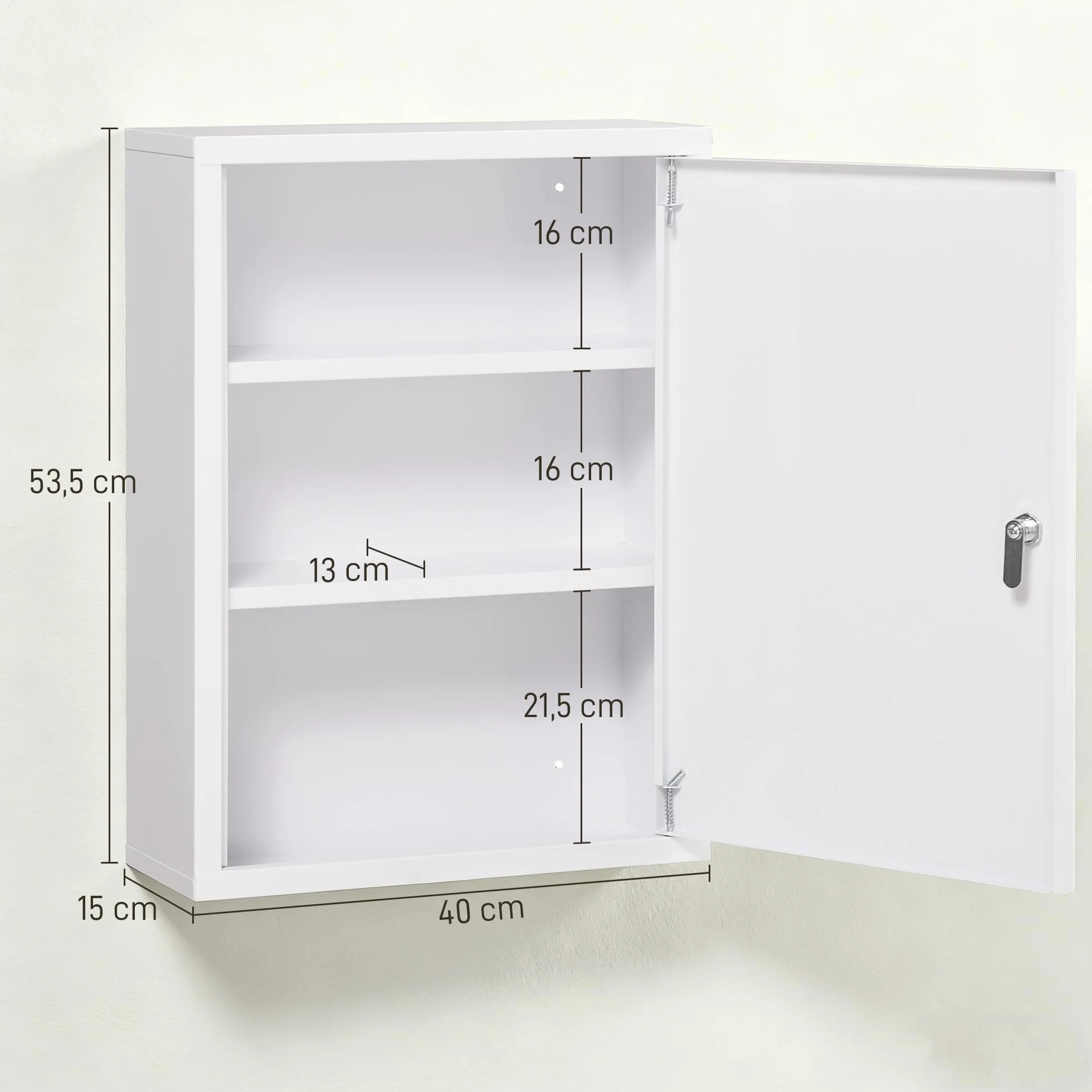 kleankin Armoire à Pharmacie Murale en Acier, Armoire à médicaments Murale à 3 Niveaux avec Porte verrouillable 2 clés, Meuble de Salle de Bain, Couloir, Salon, 40 x 15 x 53,5 cm, Blanc