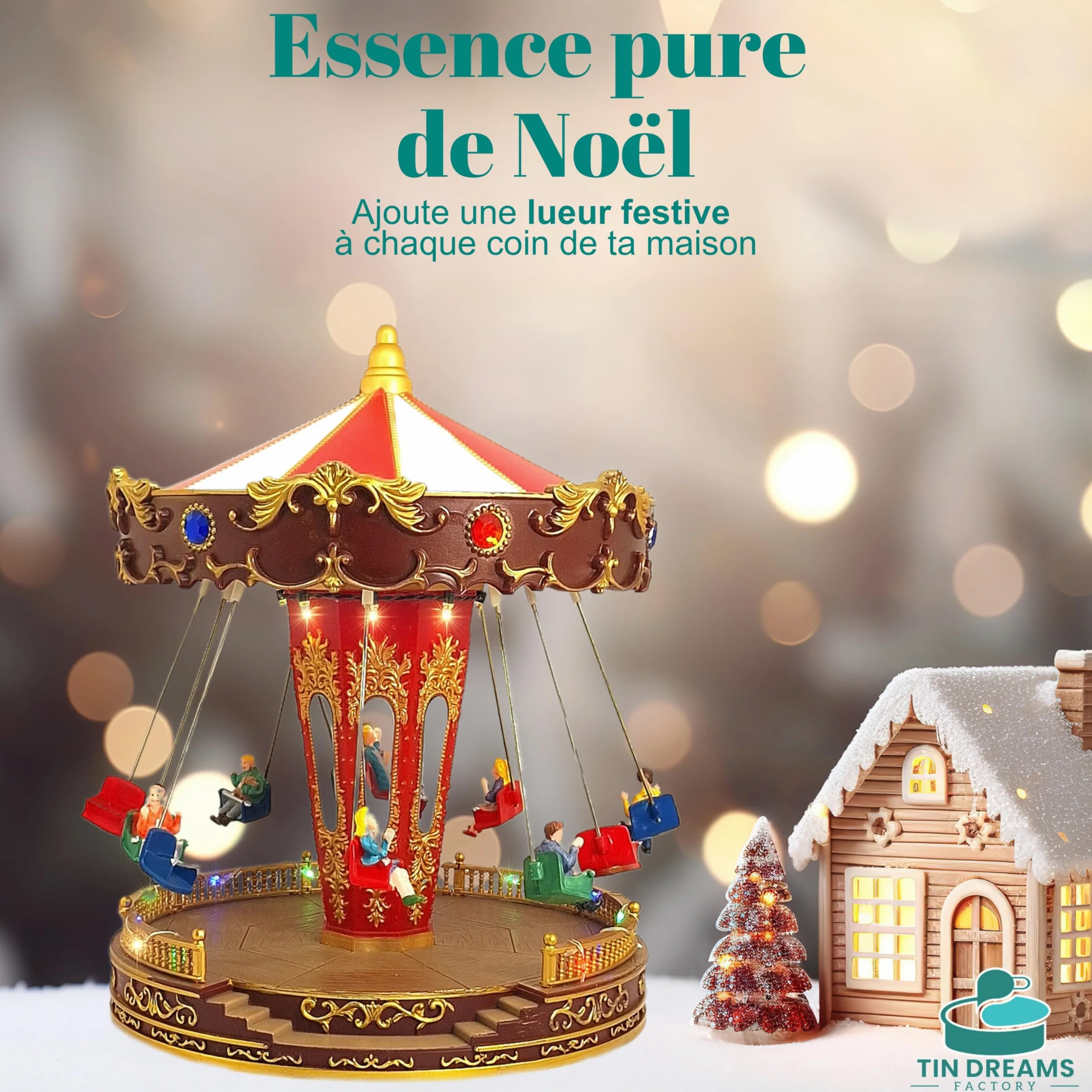 TIN Dreams | Carrousel de Noël Musical avec Mouvement, Lumières LED et Balançoires | Manège de Noël Animé | Décoration Village de Noël, Scène Miniature, Maison Illuminée | Déco Christmas Élégant