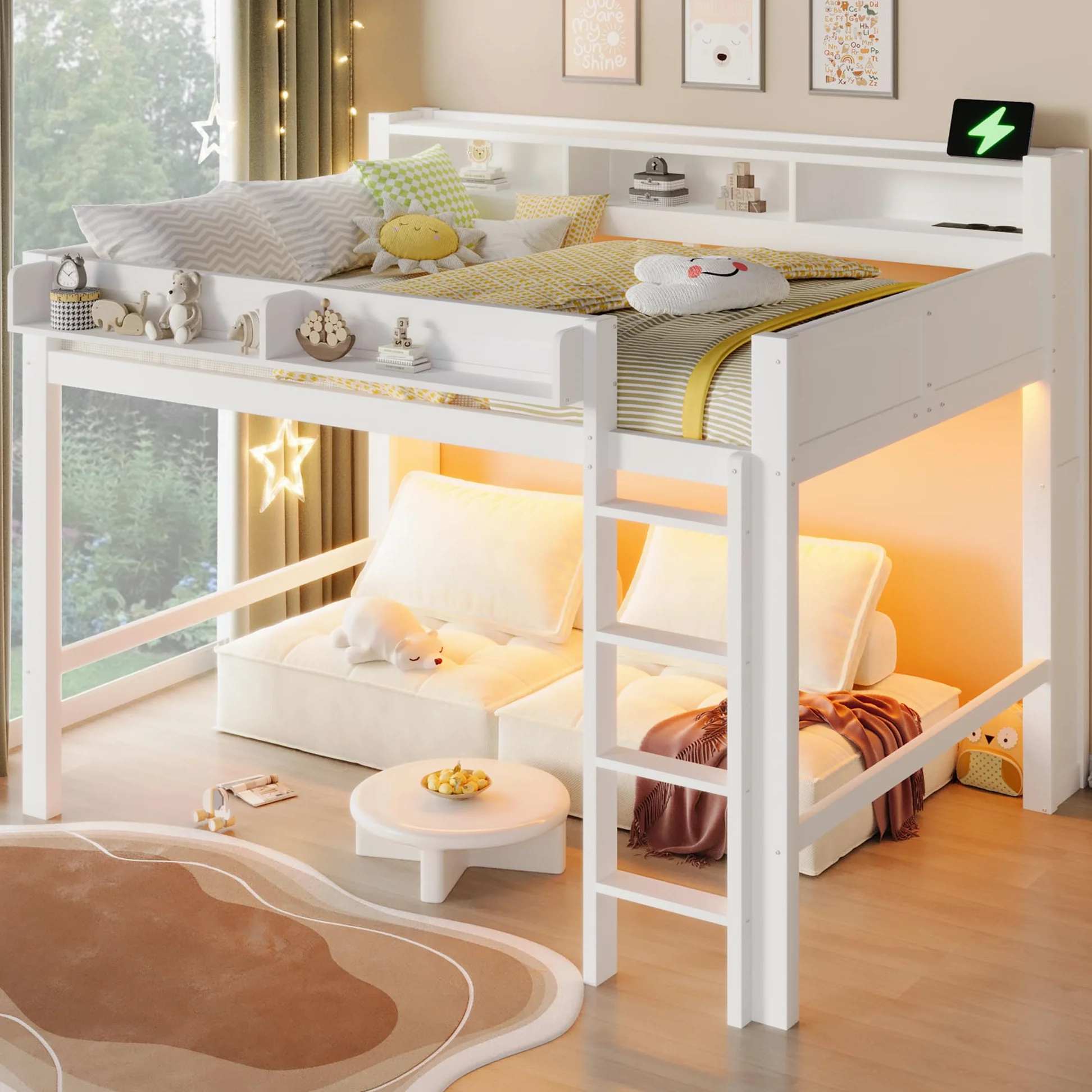 Lit Superposé Enfant 140x200cm avec éclairage LED et Port USB,Lit Mezzanine 2 Place en Bois avec rangements,Garde Corps,lit Jeune duoble,Cadre de lit Double,sans Matelas,Blanc