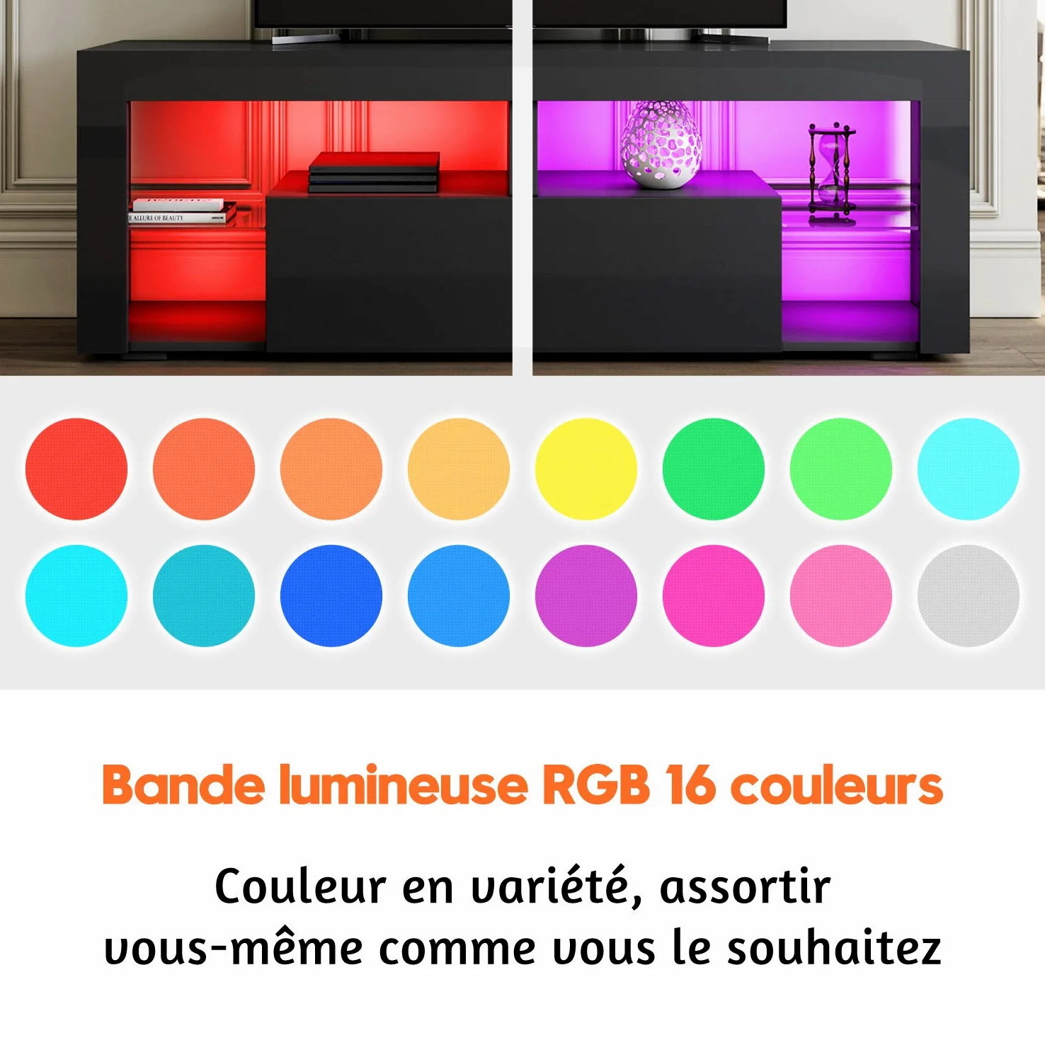 SIRHONA Meuble TV LED Noir, Banc TV 140x35x50.5cm, Éclairage LED RGB avec Couleur réglable, Capacité de Charge 40 kg, Convient pour Salon ou Chambre