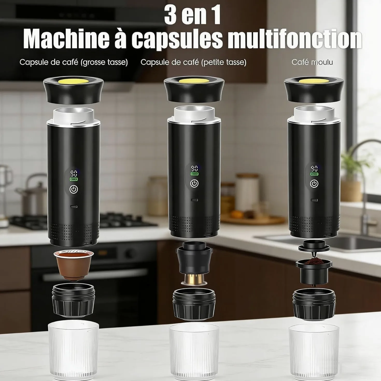 Machine à café électrique portable,Cafetière portable 3-en-1 avec auto-chauffage,Port de chargeur USB-C,Cafetière avec café moulu et capsule NS pour RV, camping, randonnée, bureau