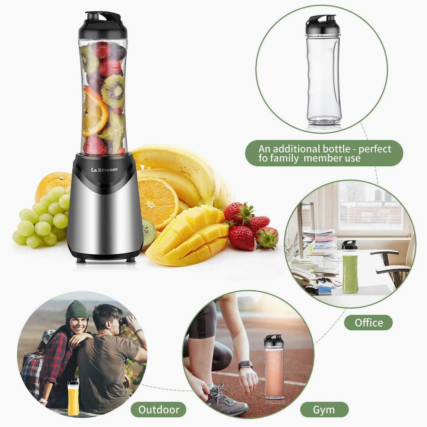 La Rêveuse Mixeur Blender avec 2 Bouteilles BPA-Free Portables de 550ml Mini Blender électrique Multifonctionnel pour Smoothie Milk-shake Fruits,Puissant 300W (Silver)