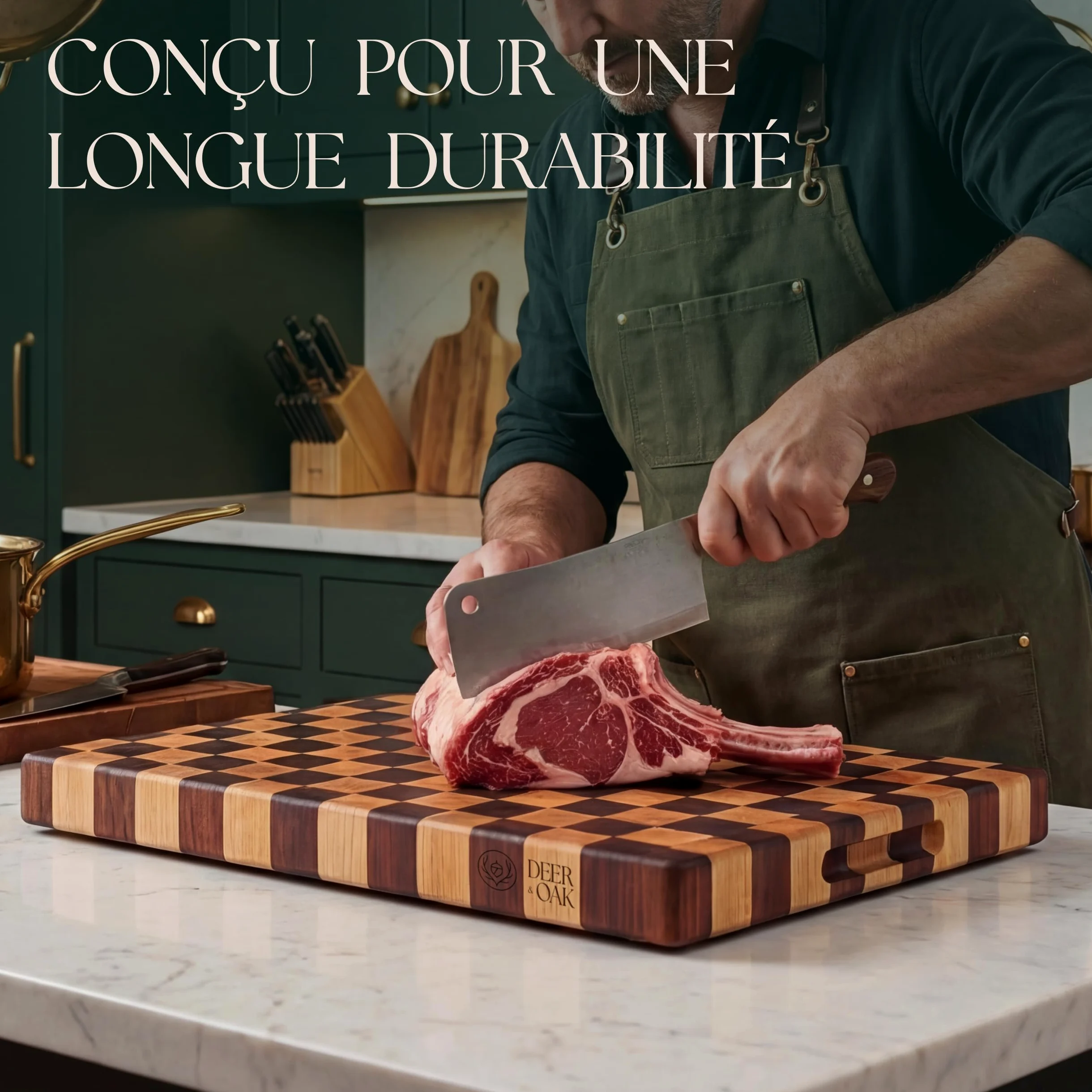 Deer & Oak Planche à Découper en Acacia Bois de Bout Motif Échiquier & Huile Alimentaire – 45 x 31 x 3,5 cm, Bloc Boucher FSC Pré-Huilé avec Poignées, Planche Apéritif