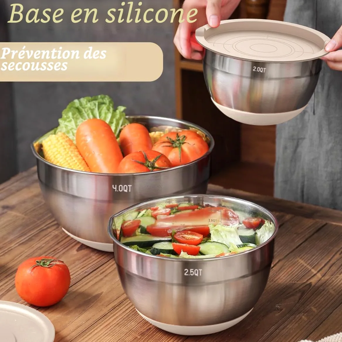 Terlulu Lot de 6 saladiers en acier inoxydable avec couvercle hermétique et fond en silicone, 3 embouts râpes, pour pâtisserie/servir, 6,6 l, 3,8 l, 2,4 l, 1,9 l, 1,4 l, 0,6 l, kaki