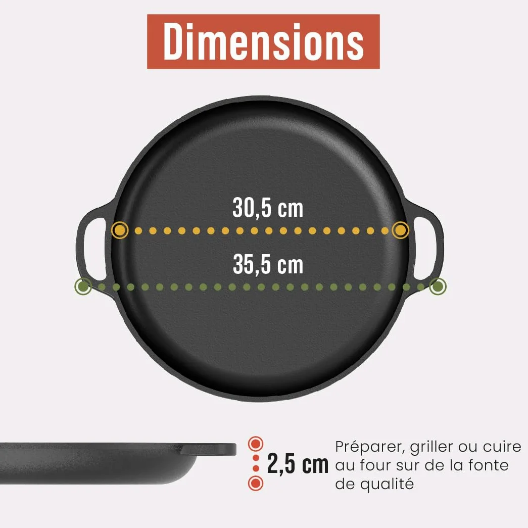 Chef Pomodoro - Plaque Pizza Four avec Poignées - Poêle En Fonte Antiadhésif pour Cuisinière, Four, Bbq, Feu de camp - Assiette a Pizza et Plaque de Cuisson pour Préparer, Griller, 30 cm