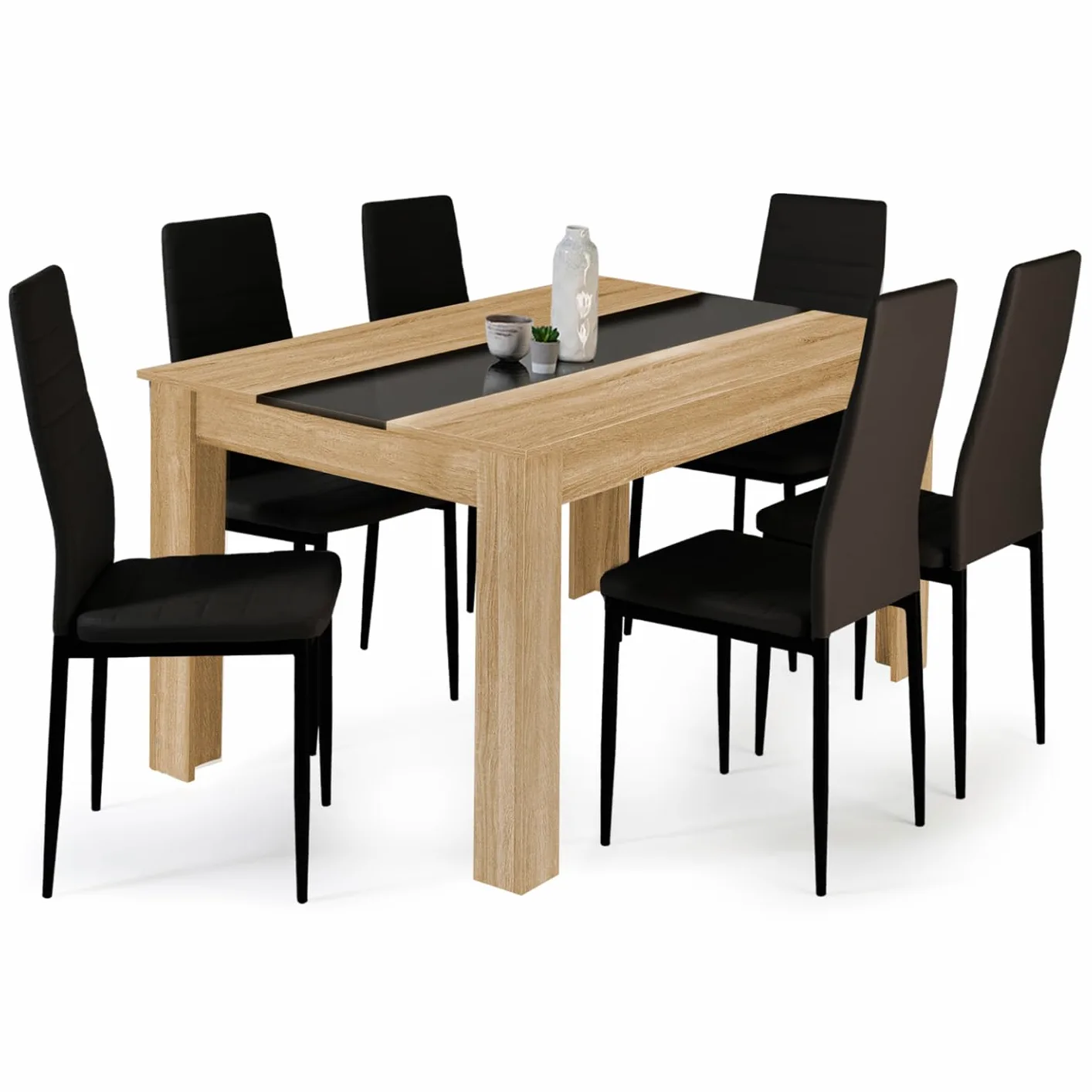 IDMarket - Ensemble Table à Manger Georgia 140 cm Imitation hêtre et Noire et 6 chaises Romane Noires