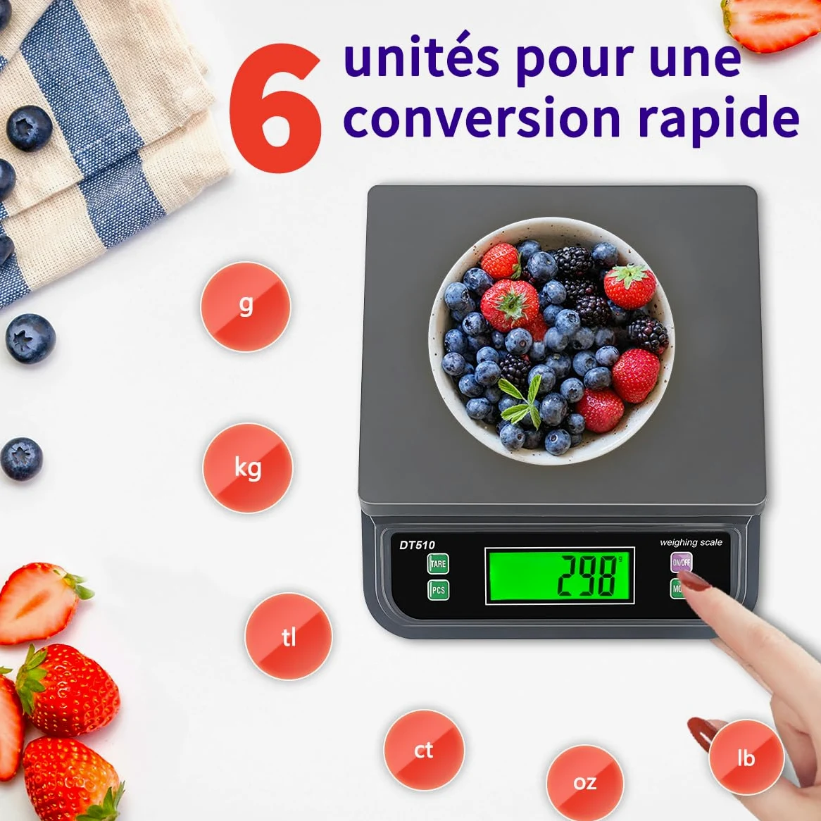 Balance de Cuisine, 30kg/1g pèse Aliment Cuisine Precis, avec PCS et Tare Fonction Professionnelle Balance Cuisine Boulangerie, 6 Unités g,oz,LB,kg,TL,CT avec Écran LCD Électronique Balances