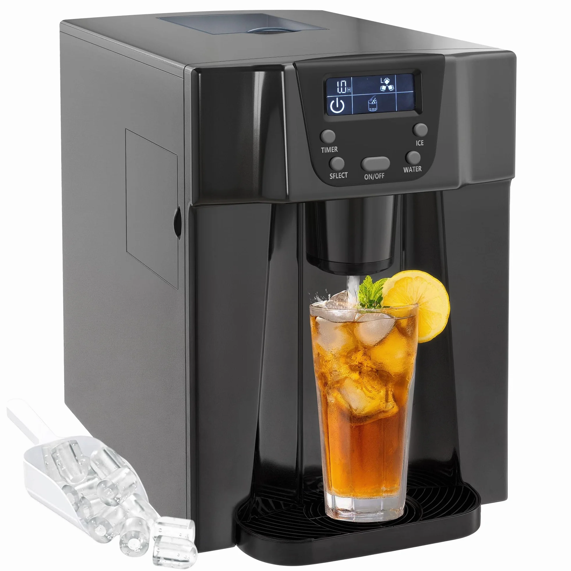HOMCOM Machine à Glaçons avec Distributeur d'Eau, 12kg en 24h, 9 Glaçons en 6-10 Minutes, Ice Maker Portable, Taille de Glaçon Réglable, Minuterie, Réservoir d'Eau 3L, pour Maison, Cuisine, Bar, Noir