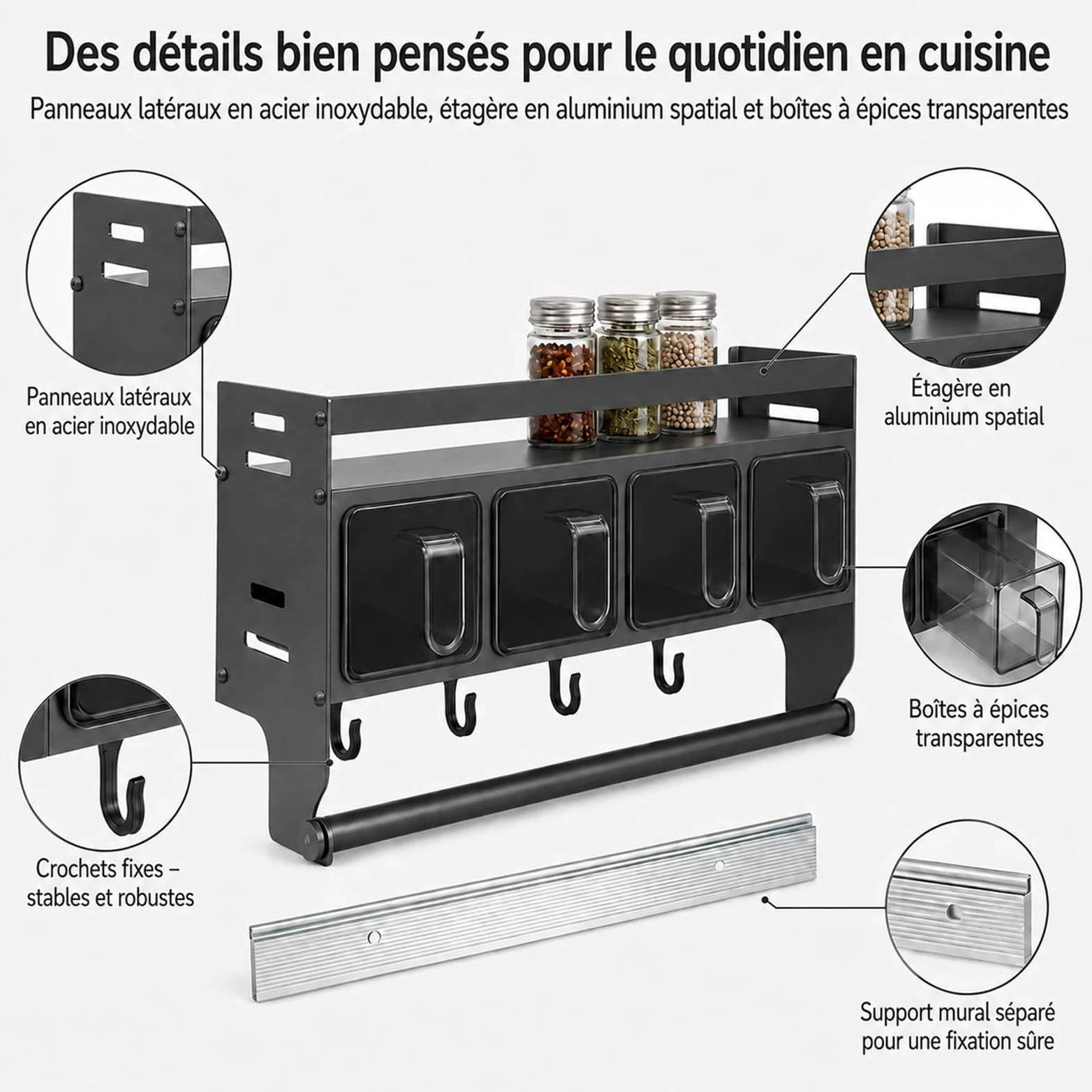Porte-épices sans perçage, porte-épices pour cuisine à suspendre, avec porte-rouleau d'épices mural avec pots pour le stockage dans la cuisine d'épices,huile (avec 4 boîtes