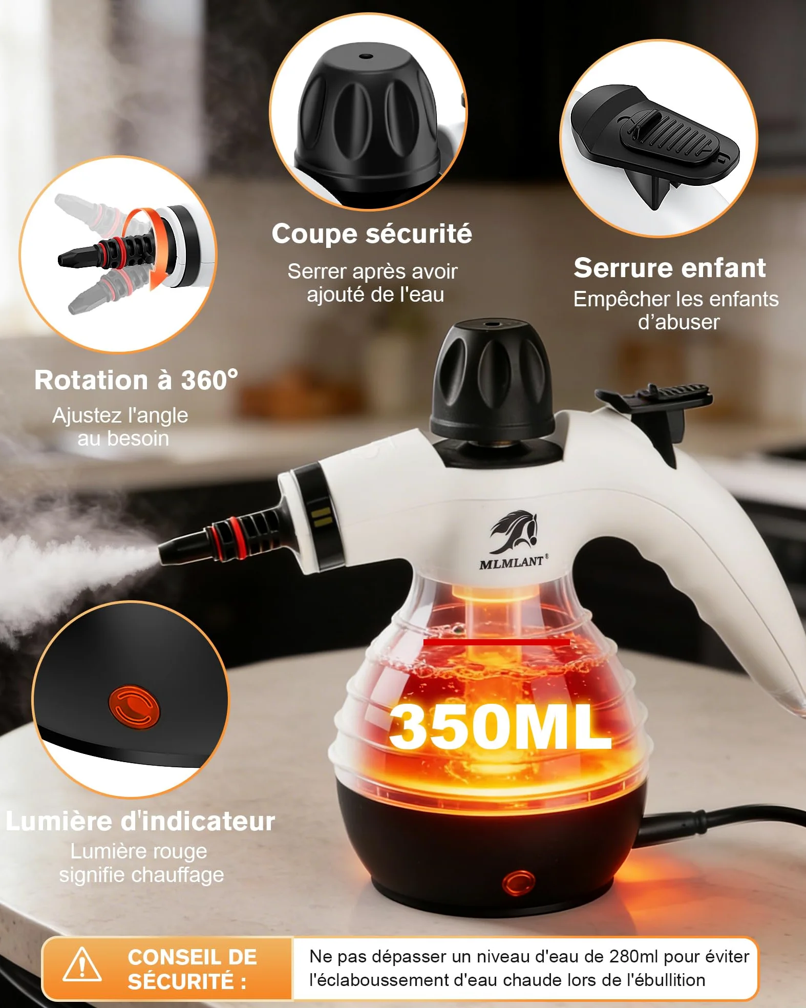 MLMLANT Nettoyeur vapeur, nettoyeur vapeur portable, avec verrou de sécurité et kit d'accessoires de 10 pièces, pour sièges de voiture, canapés, fenêtres, meubles rembourrés et plus encore.